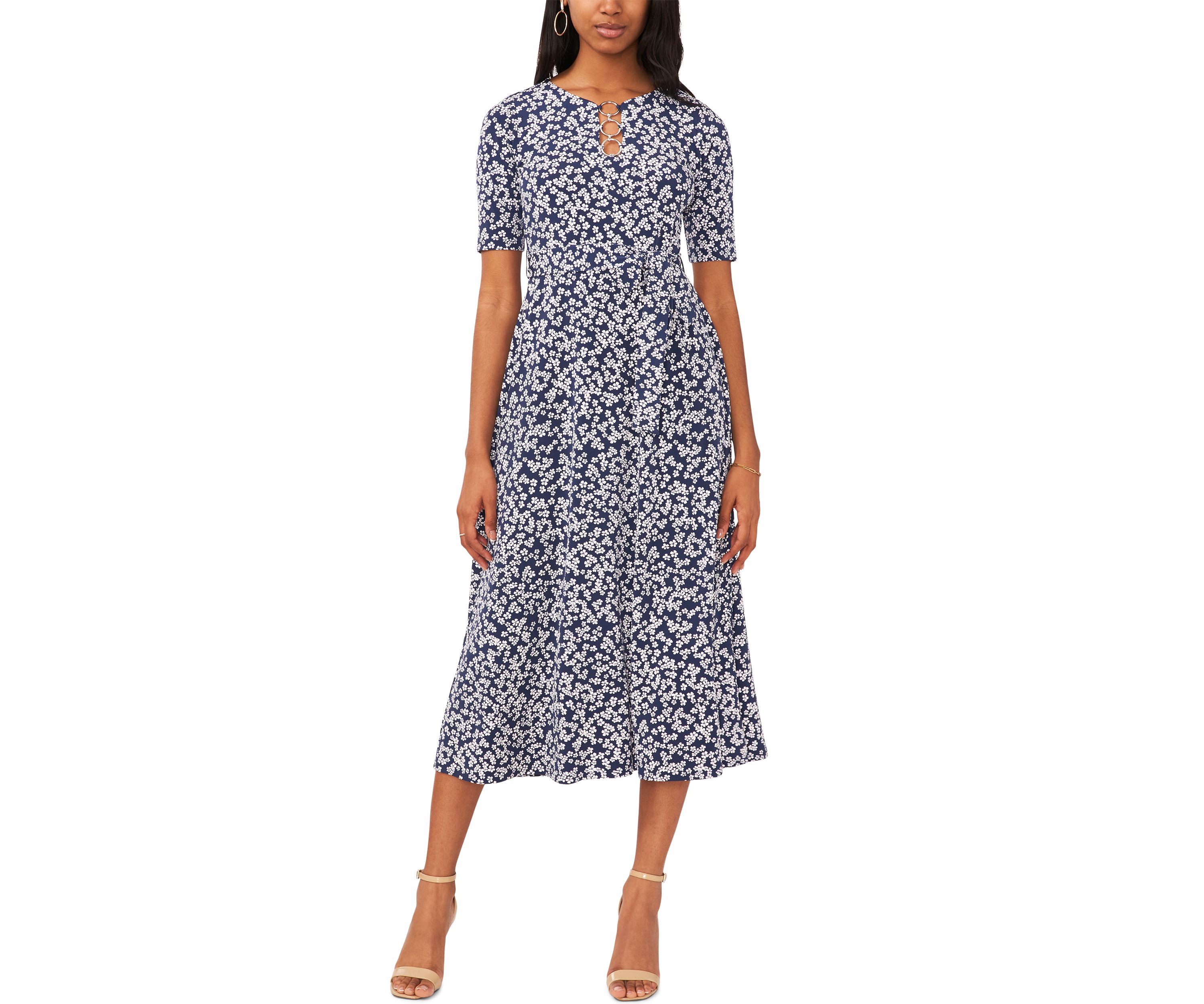 Womens Short Sleeve Ditsy Floral Print Midi Dress