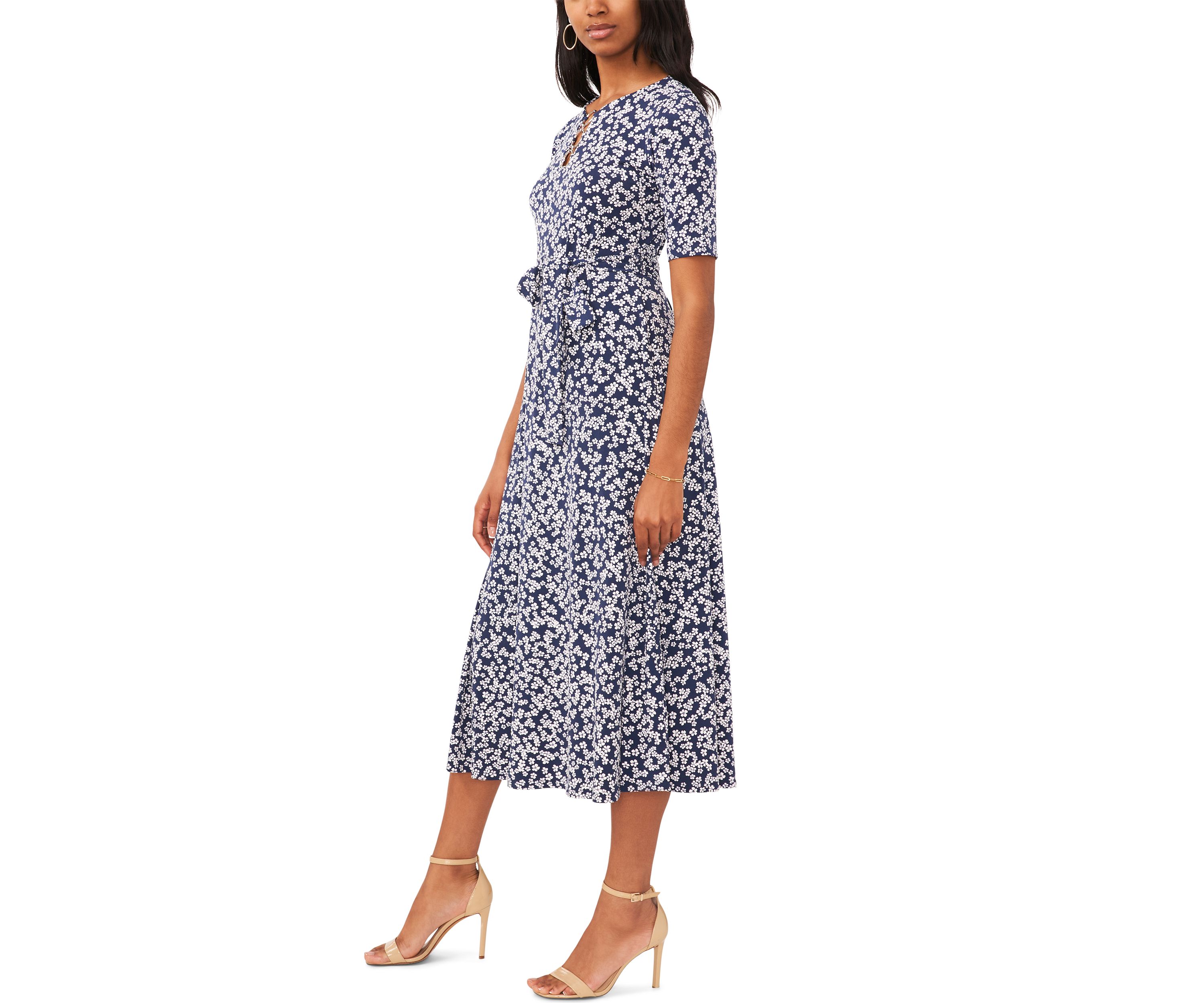 Womens Short Sleeve Ditsy Floral Print Midi Dress
