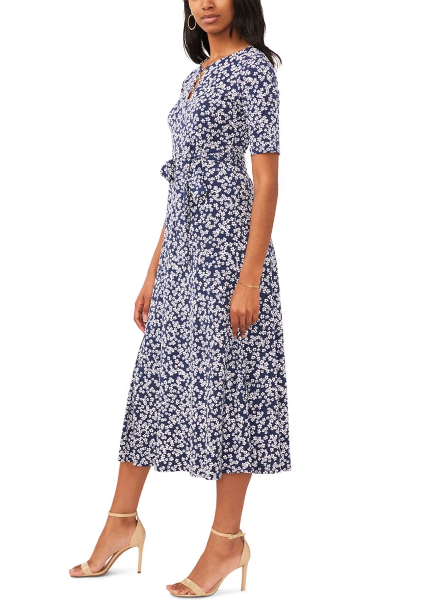 Womens Short Sleeve Ditsy Floral Print Midi Dress