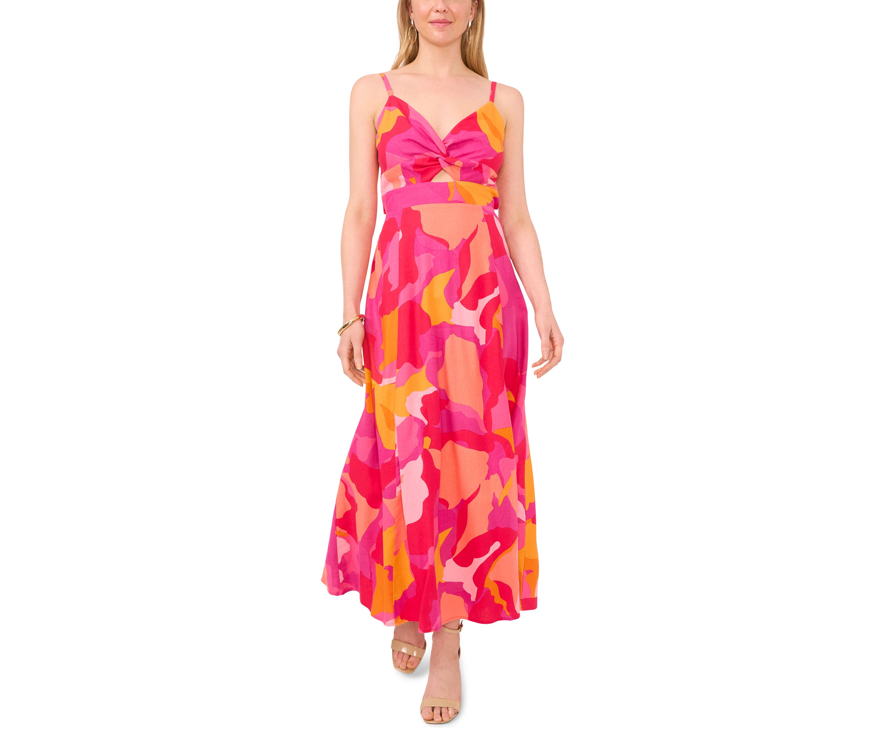 Womens Sleeveless Floral V-Neck Fit and Flare Maxi Dress