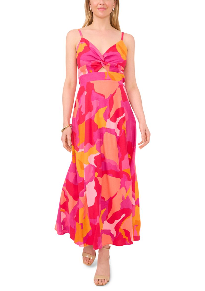Womens Sleeveless Floral V-Neck Fit and Flare Maxi Dress