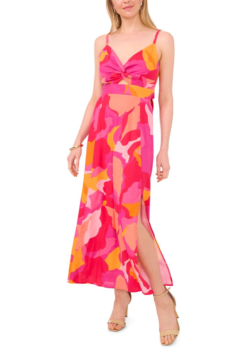 Womens Sleeveless Floral V-Neck Fit and Flare Maxi Dress