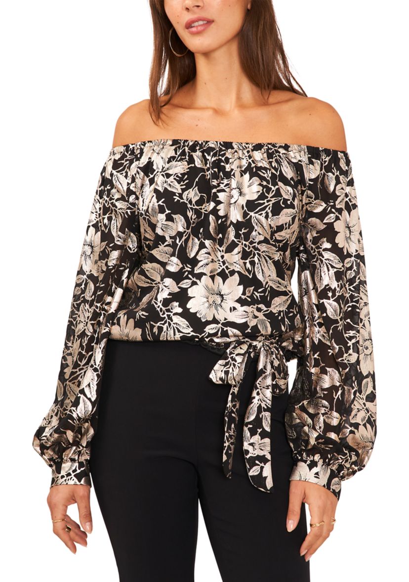 Womens Off the Shoulder Foil Print Top