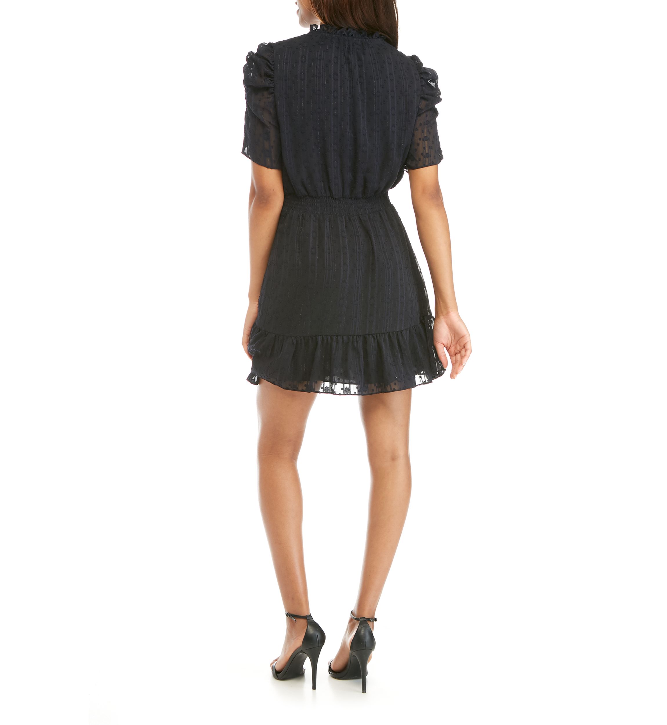 Womens Clip Dot Puff Sleeve Smock Waist Dress