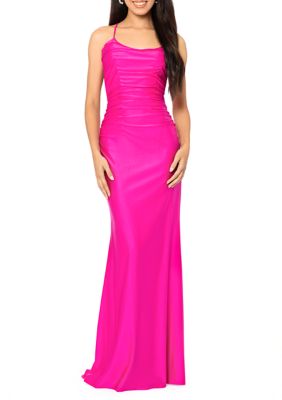 Women's Spaghetti Strap Open Back All Over Ruched Power Satin Slim Gown