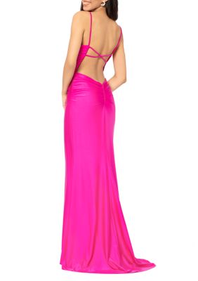 Women's Spaghetti Strap Open Back All Over Ruched Power Satin Slim Gown