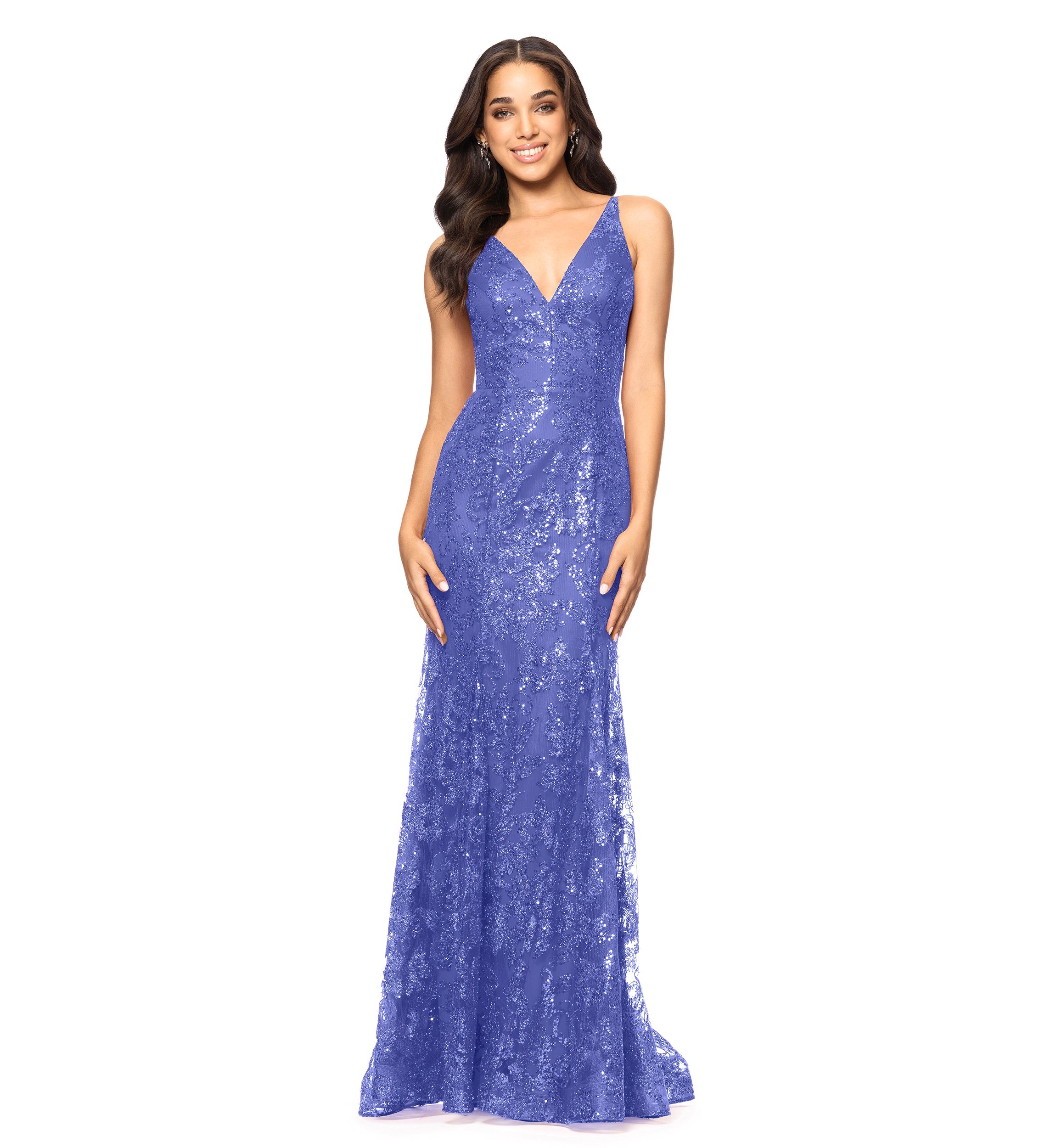 Womens Sleeveless V-Neck Solid Sequin Gown