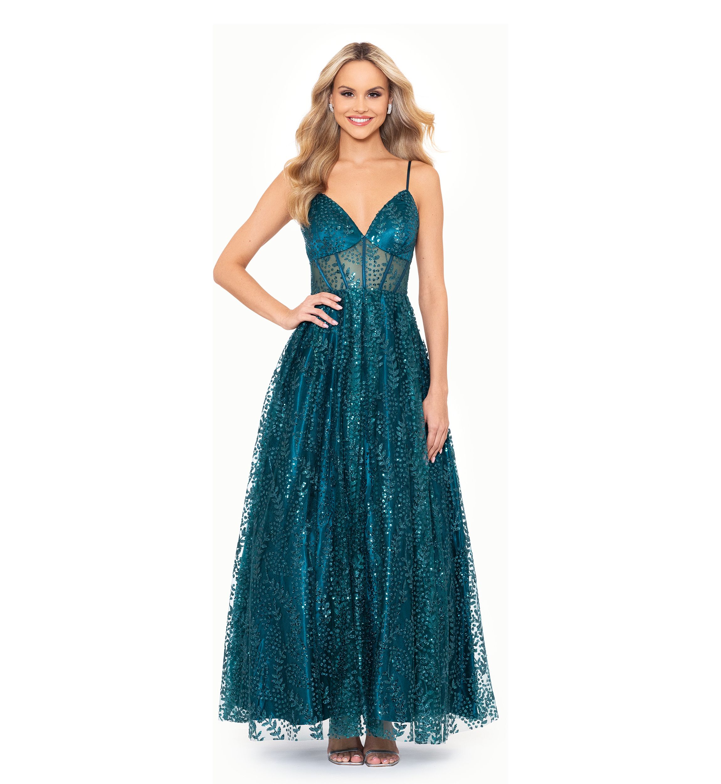 Womens V-Neck Sleeveless Glitter Tulle Ballgown