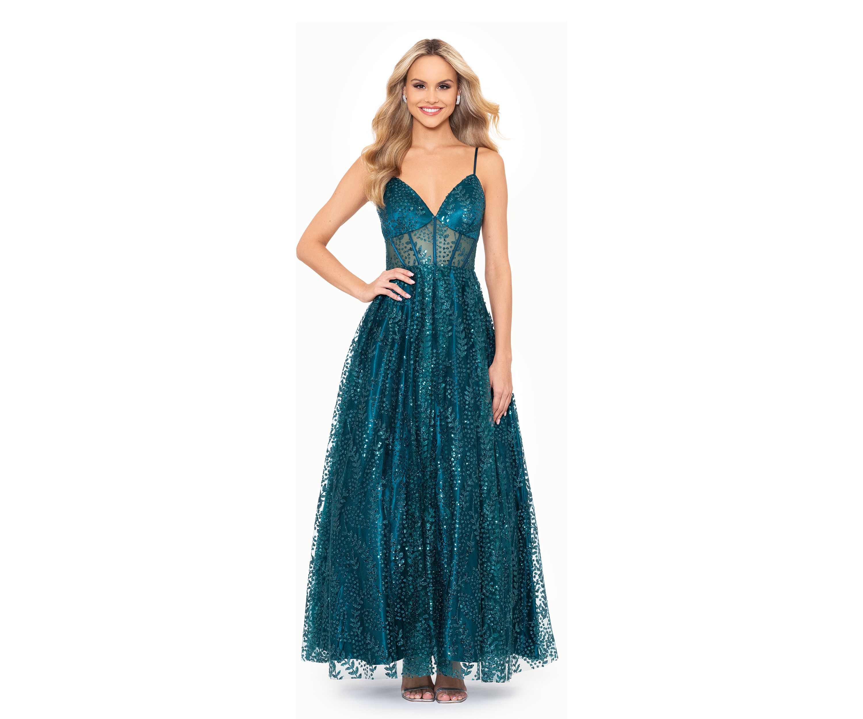 Womens V-Neck Sleeveless Glitter Tulle Ballgown