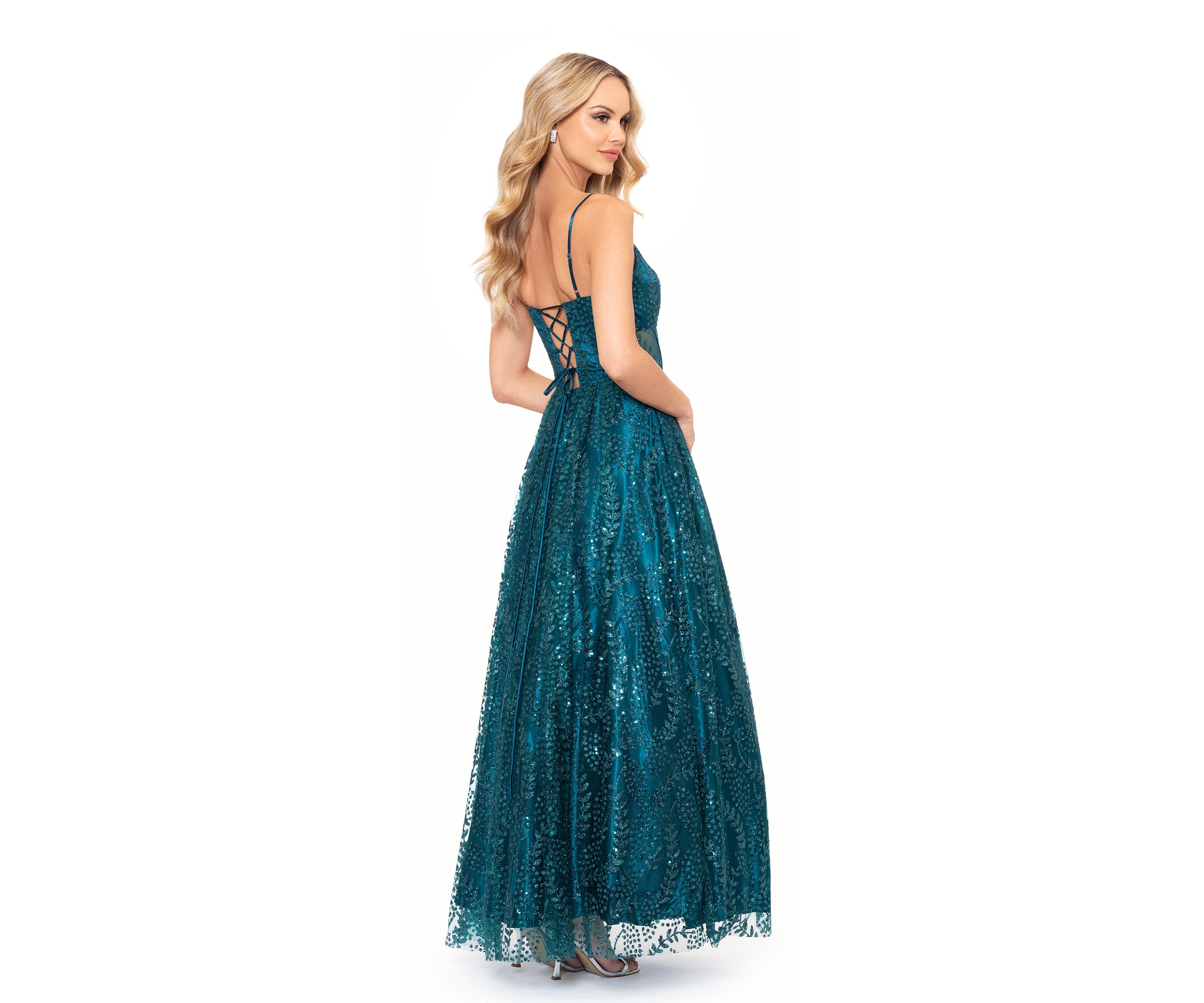 Womens V-Neck Sleeveless Glitter Tulle Ballgown