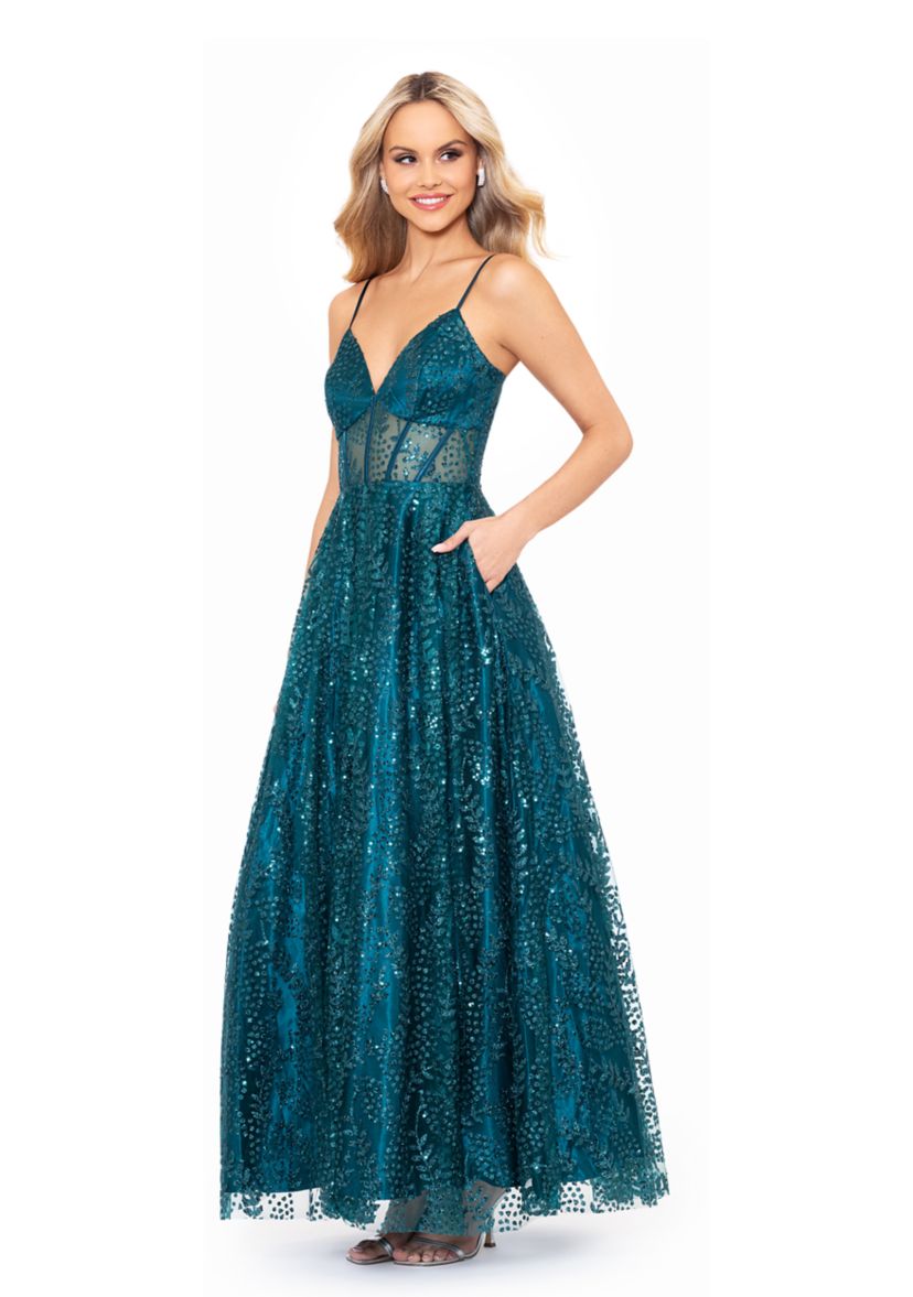 Womens V-Neck Sleeveless Glitter Tulle Ballgown
