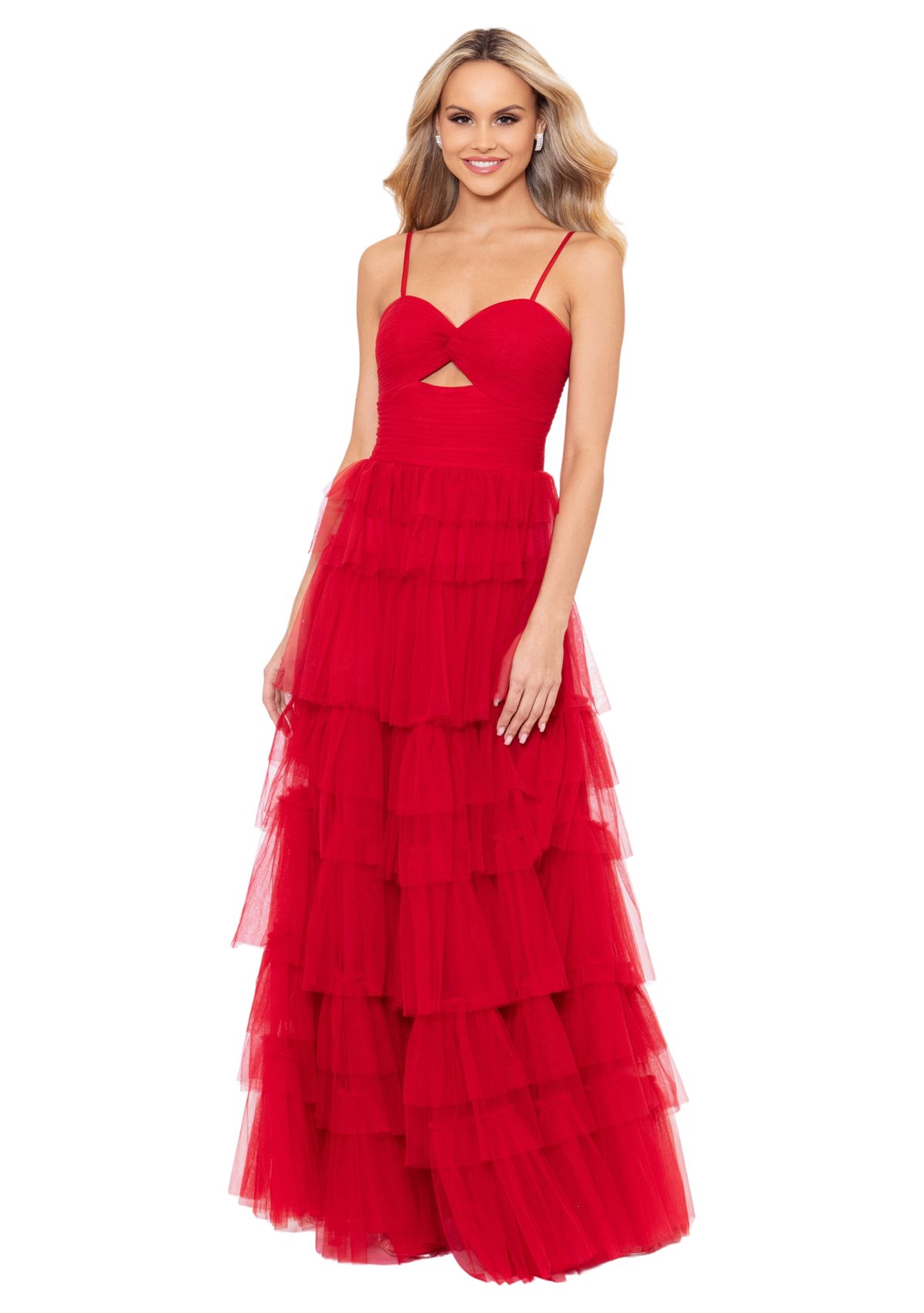 Womens Cutout Sleeveless Tulle Tiered Gown