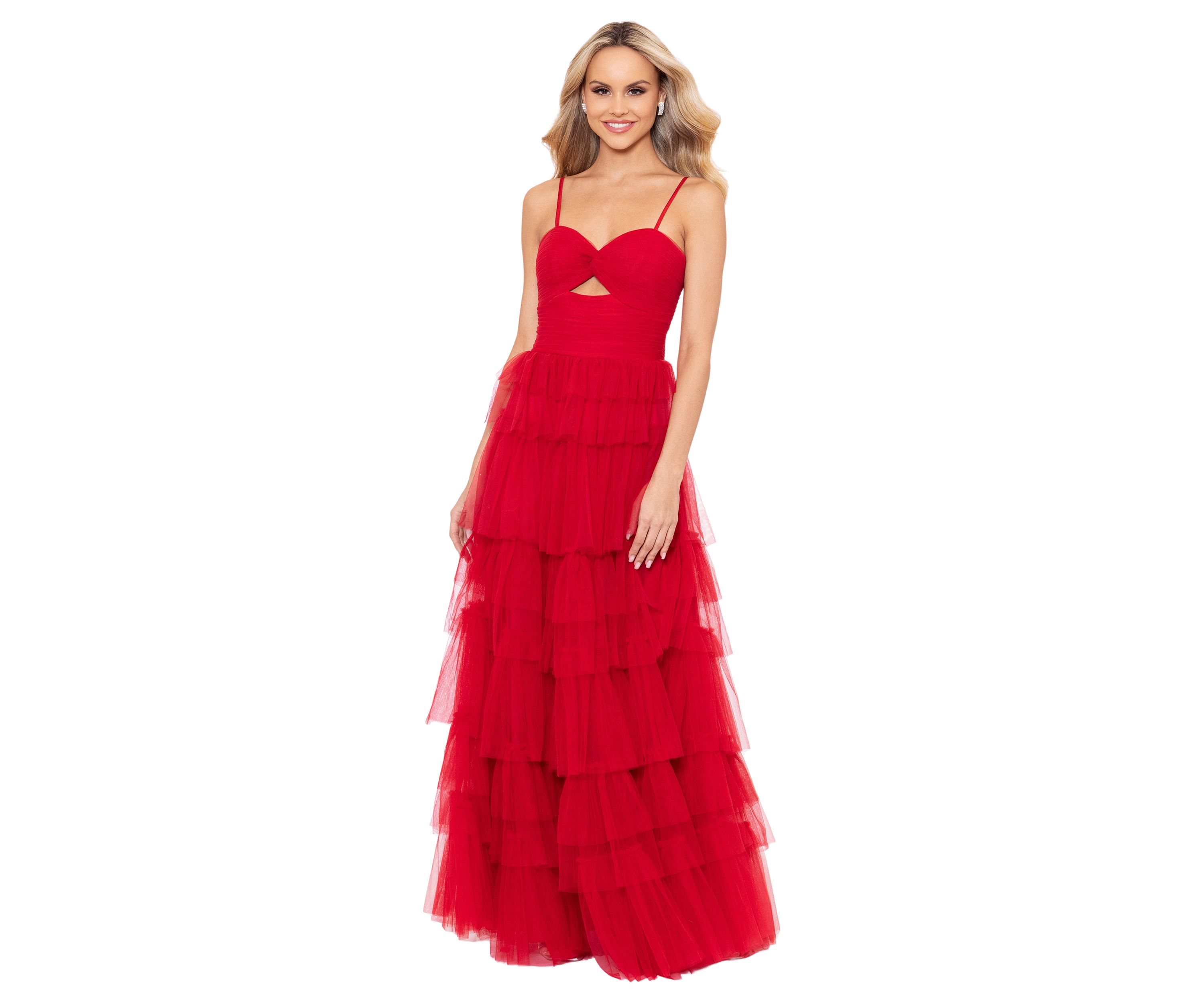 Womens Cutout Sleeveless Tulle Tiered Gown