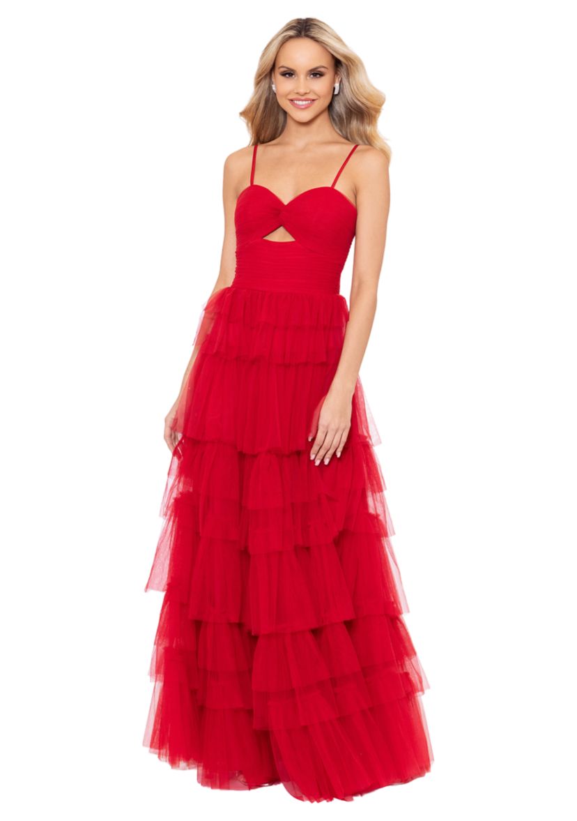Womens Cutout Sleeveless Tulle Tiered Gown