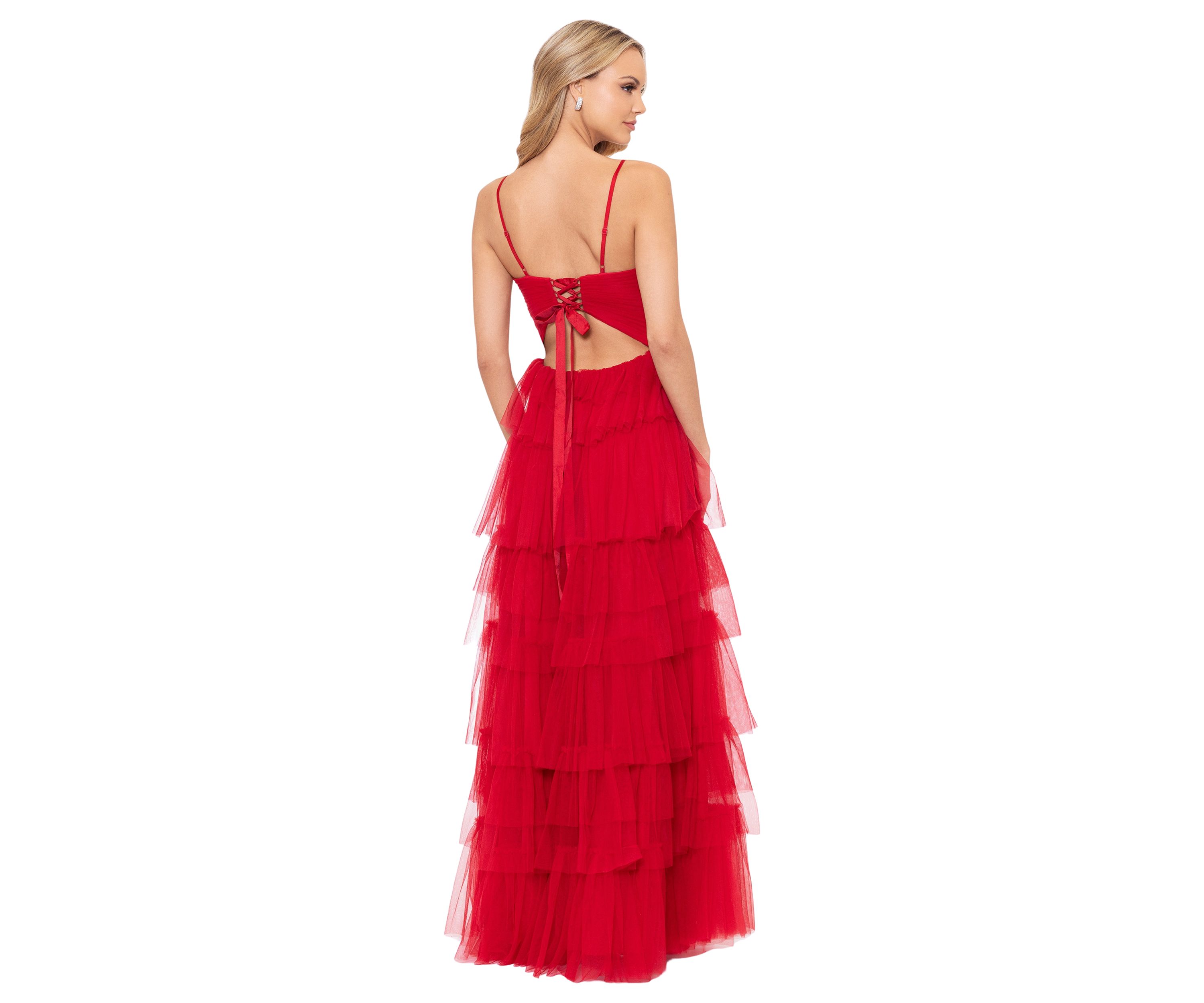 Womens Cutout Sleeveless Tulle Tiered Gown