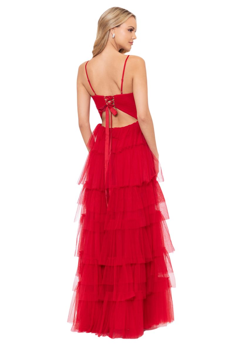 Womens Cutout Sleeveless Tulle Tiered Gown