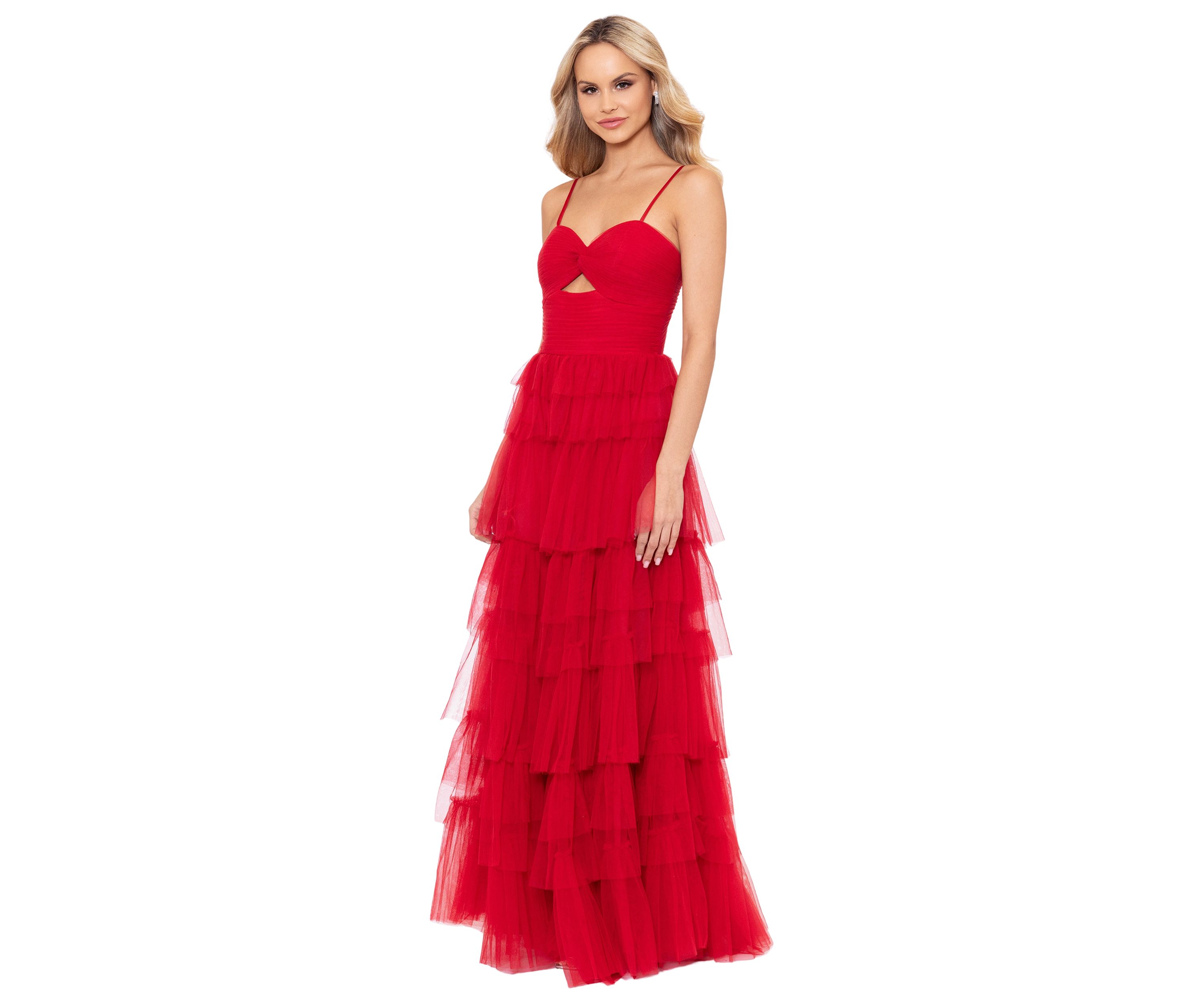 Womens Cutout Sleeveless Tulle Tiered Gown