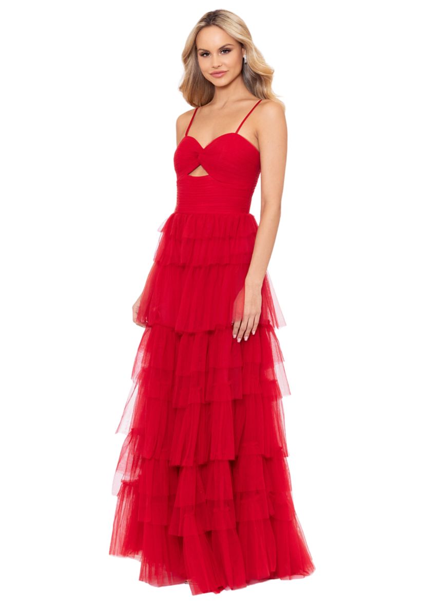 Womens Cutout Sleeveless Tulle Tiered Gown