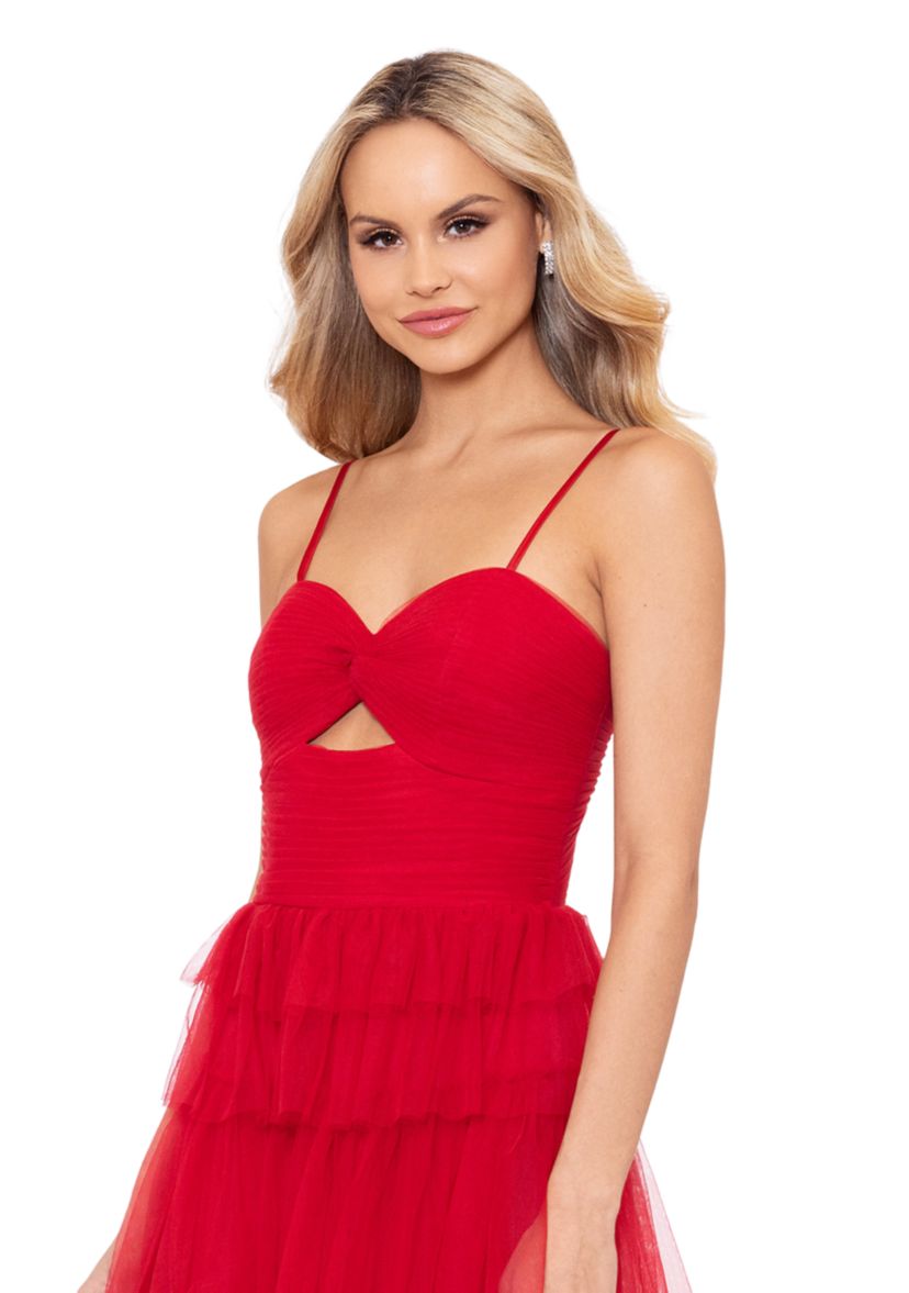 Womens Cutout Sleeveless Tulle Tiered Gown