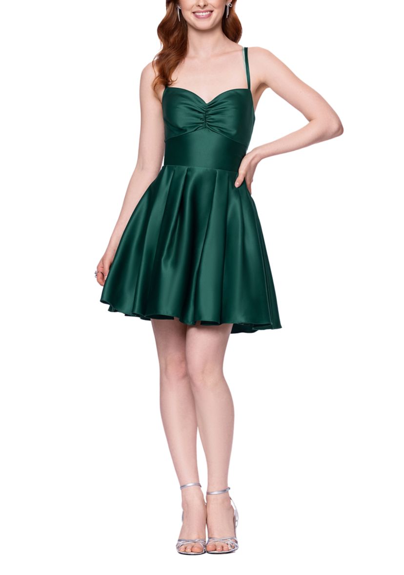 Womens Sleeveless Sweetheart Solid Satin Fit and Flare Dress