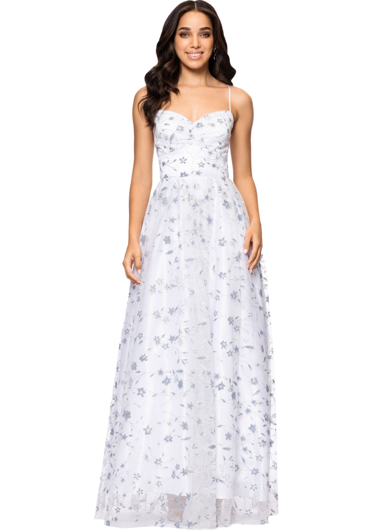 Womens Sleeveless Floral Glitter Printed Chiffon Gown