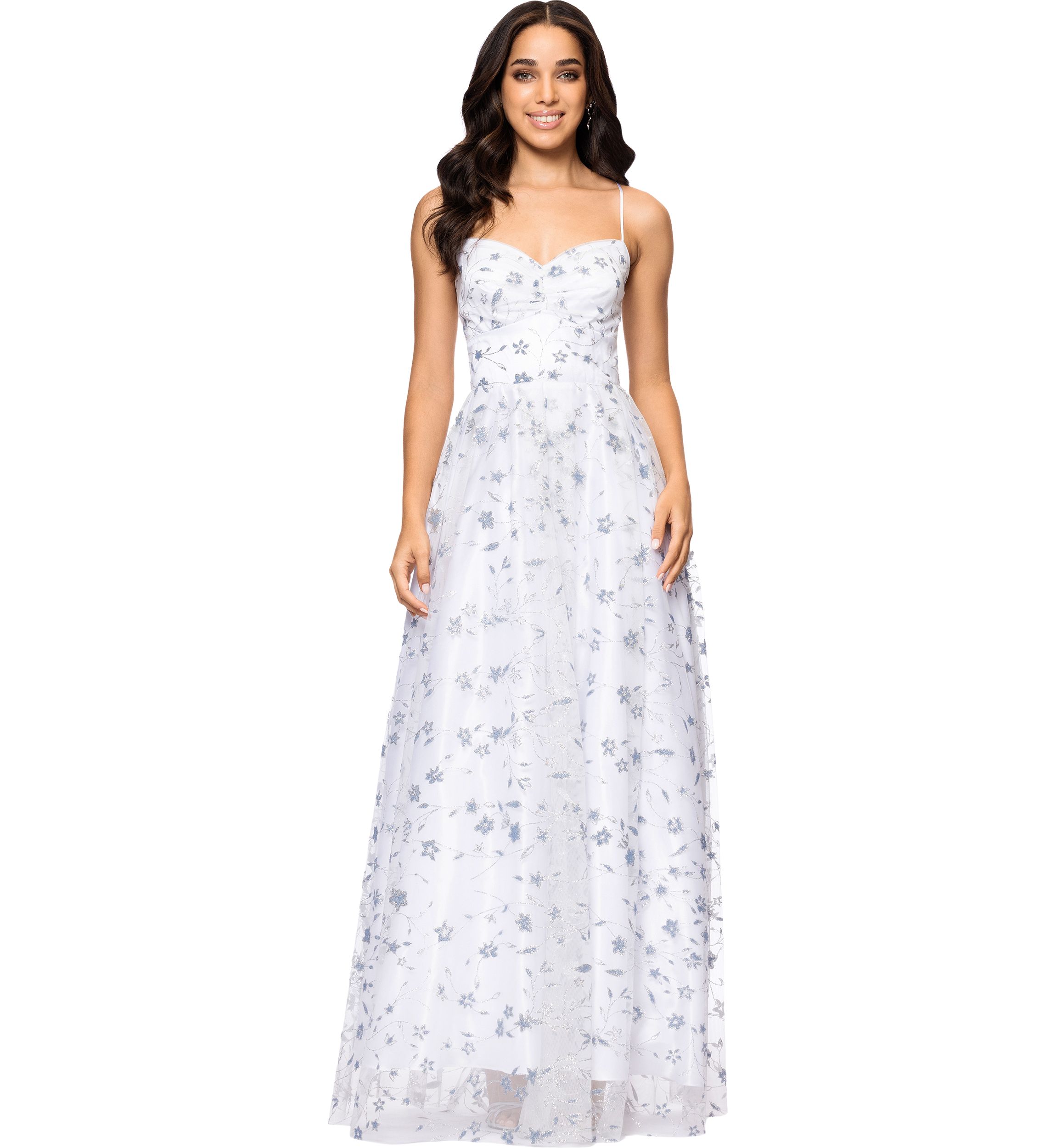 Womens Sleeveless Floral Glitter Printed Chiffon Gown