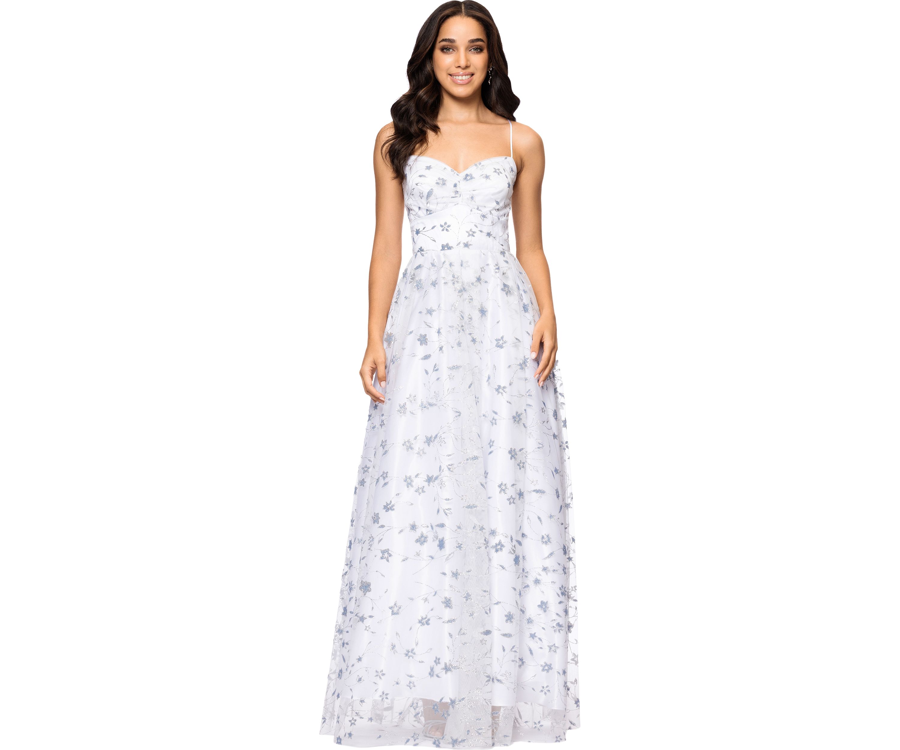 Womens Sleeveless Floral Glitter Printed Chiffon Gown