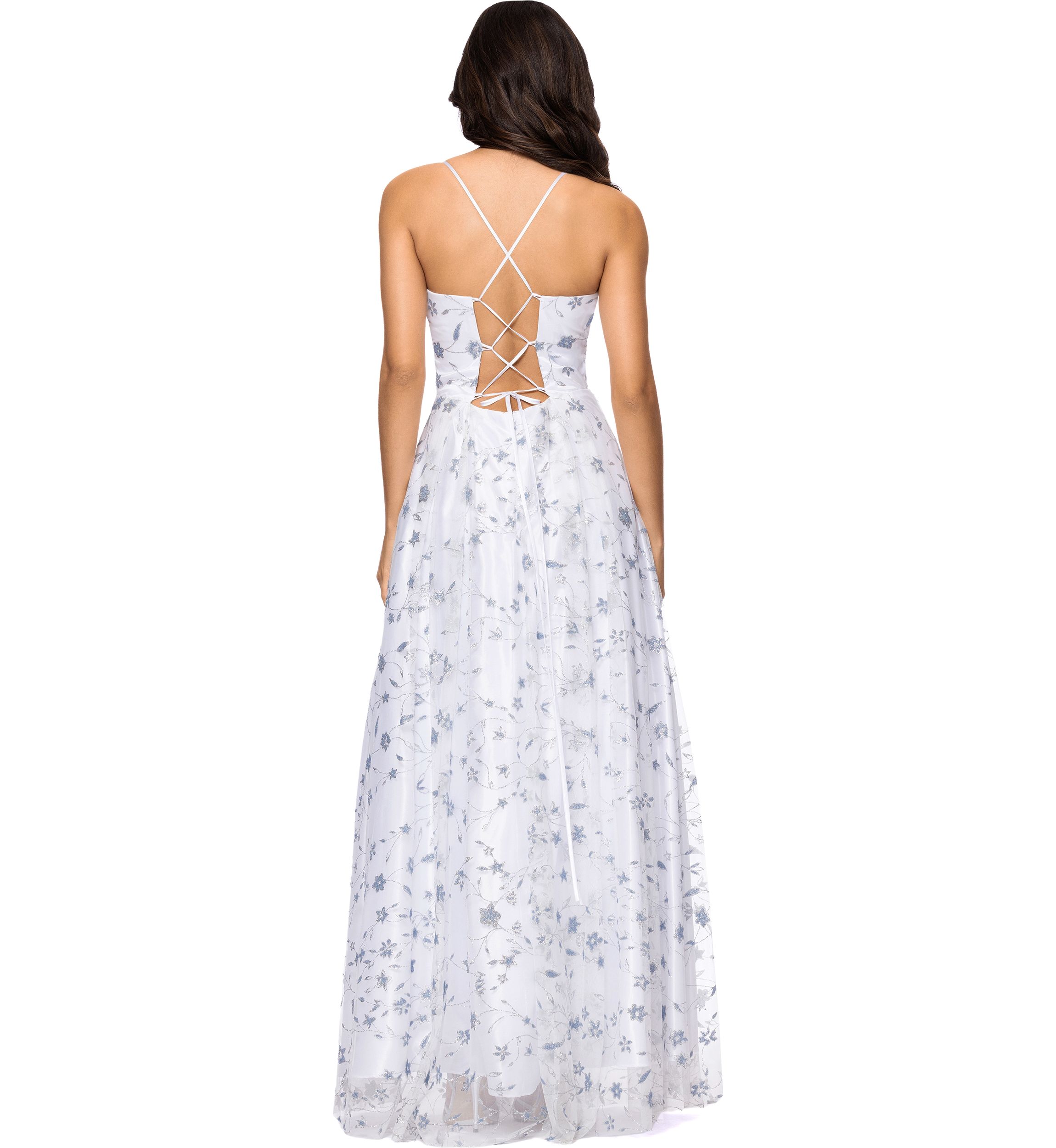 Womens Sleeveless Floral Glitter Printed Chiffon Gown
