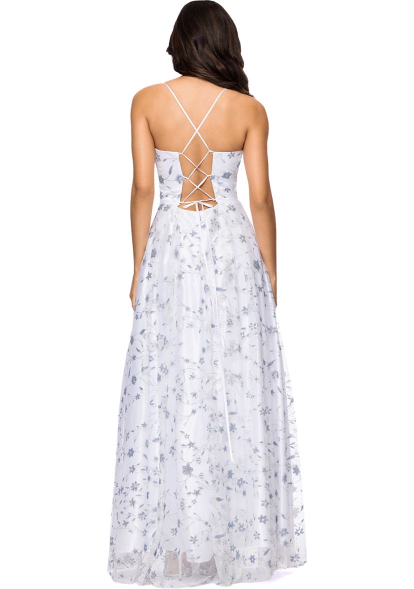 Womens Sleeveless Floral Glitter Printed Chiffon Gown