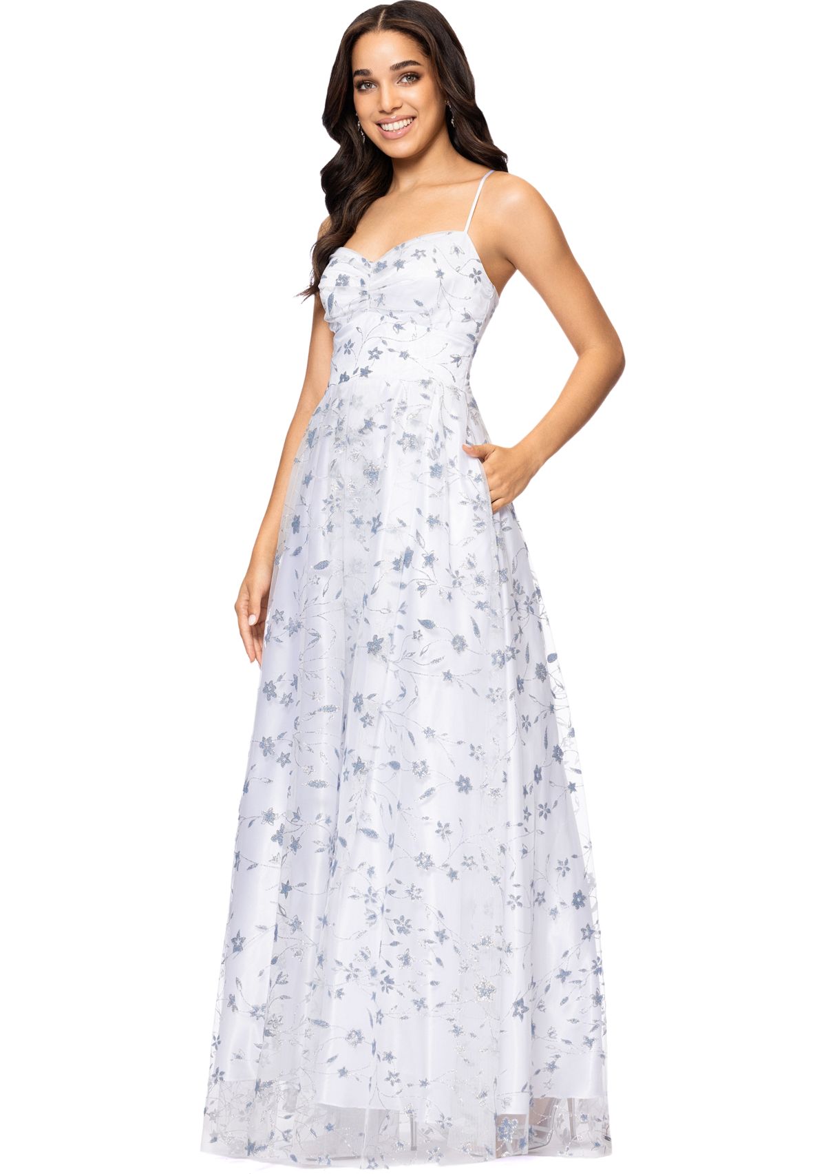 Womens Sleeveless Floral Glitter Printed Chiffon Gown