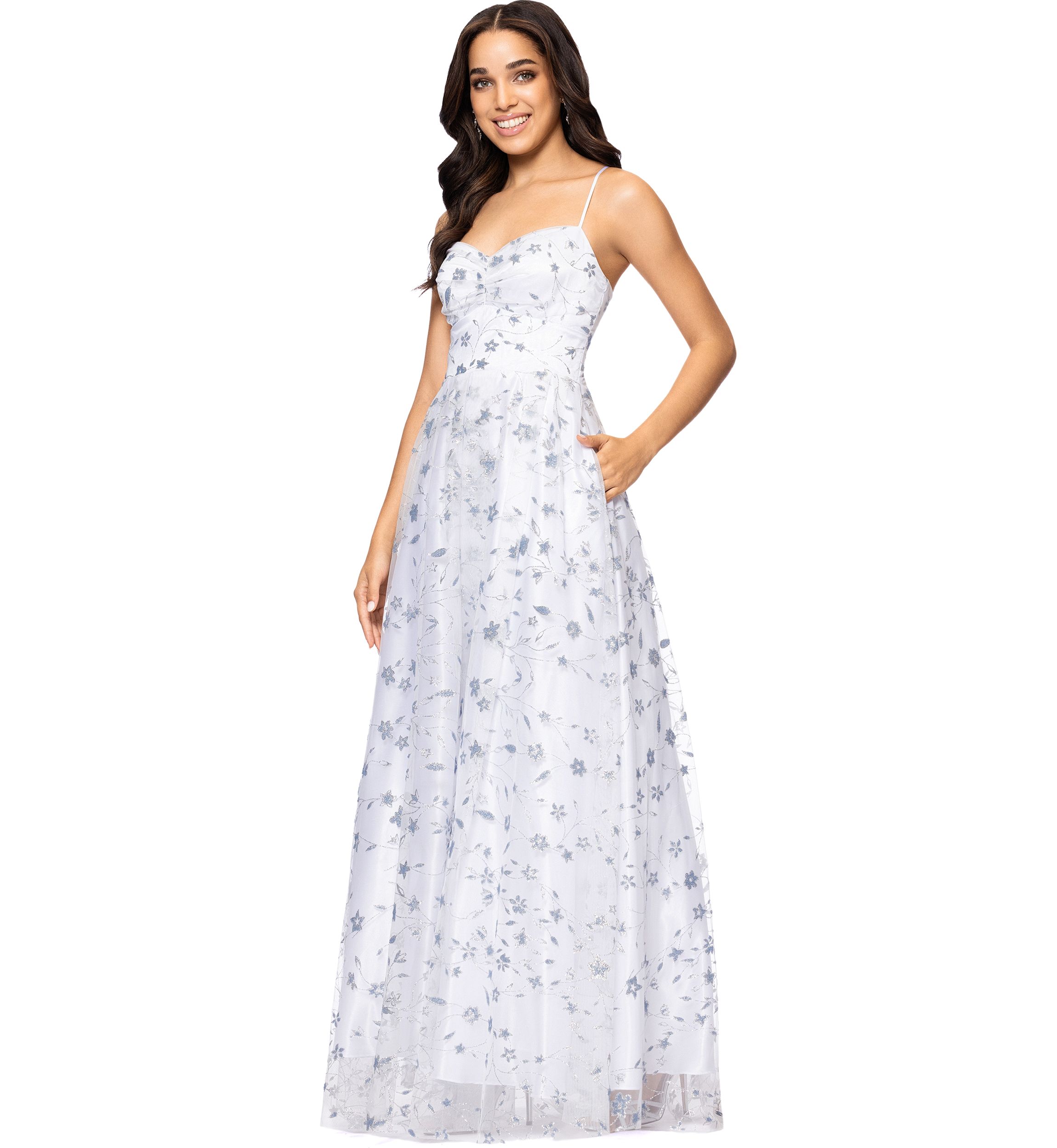 Womens Sleeveless Floral Glitter Printed Chiffon Gown