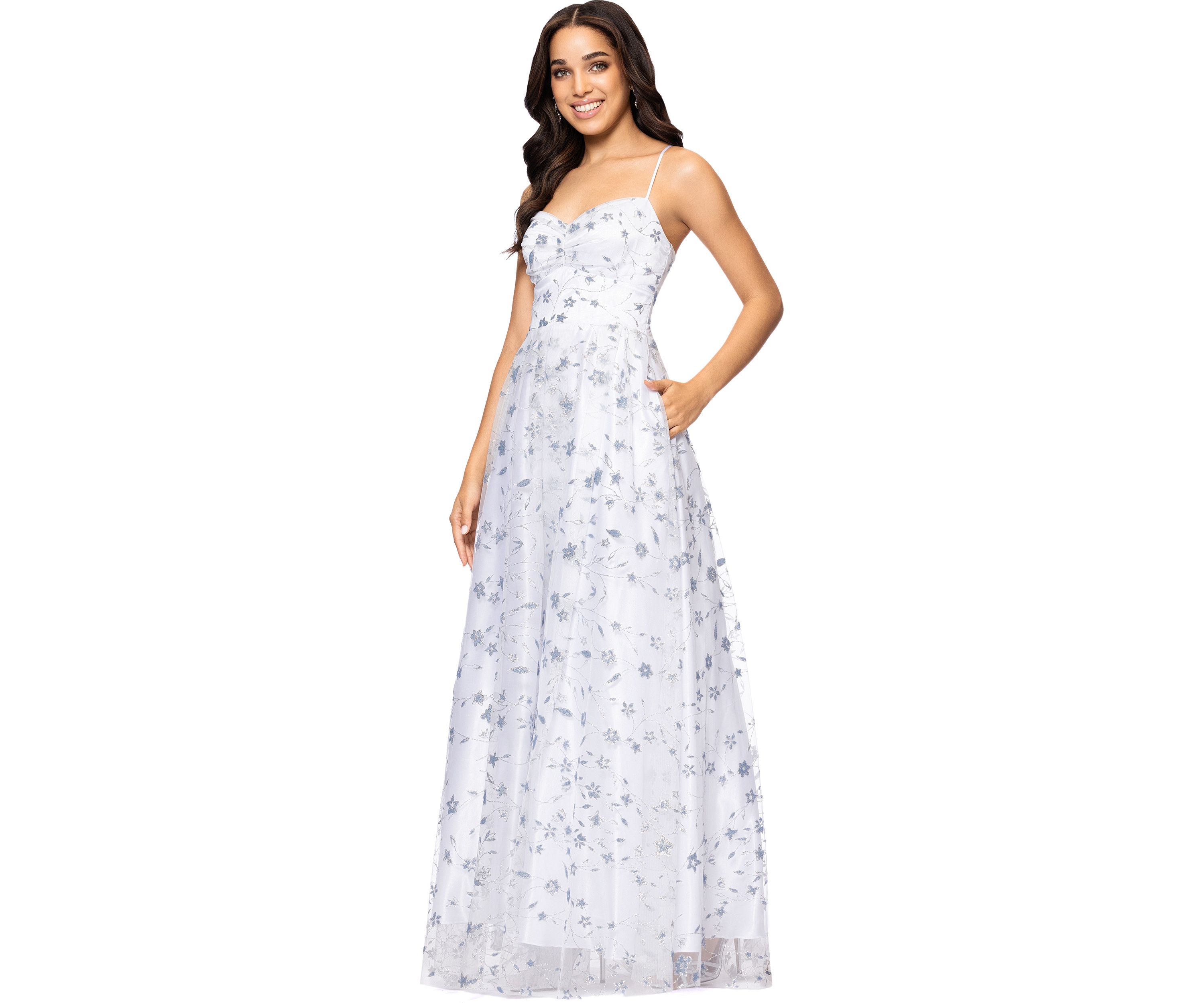 Womens Sleeveless Floral Glitter Printed Chiffon Gown