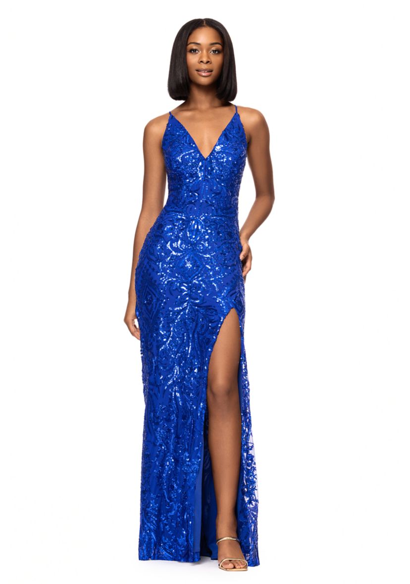 Womens Sleeveless V-Neck Solid Sequin Gown