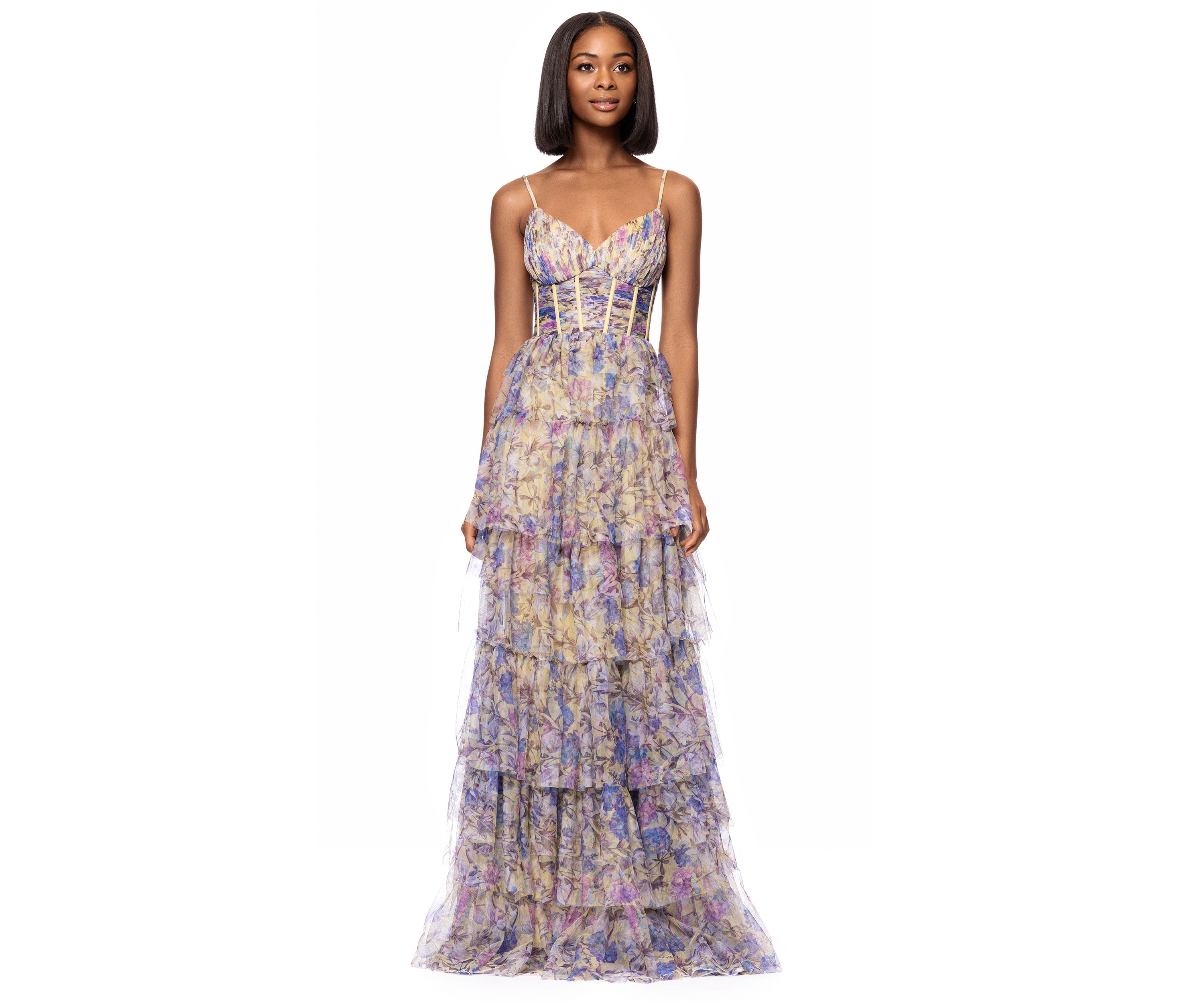 Womens Floral Printed Tiered Ruffle Gown