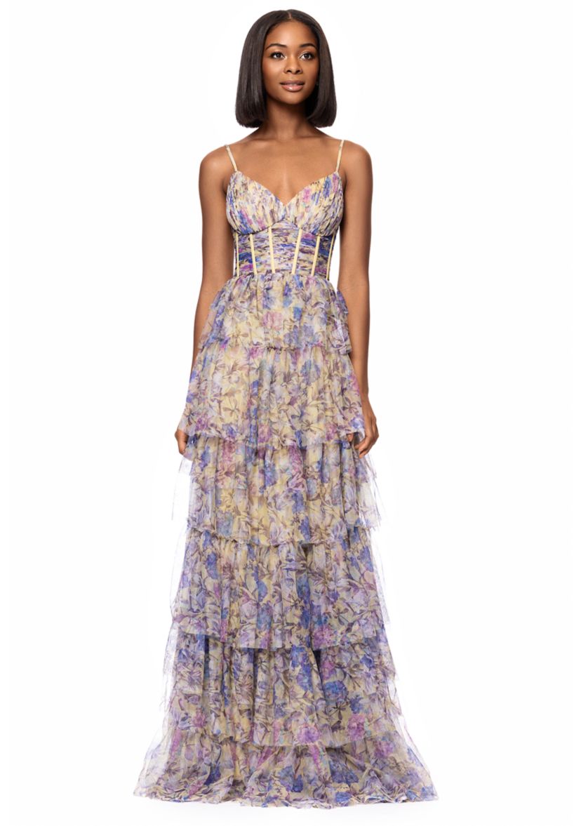 Womens Floral Printed Tiered Ruffle Gown