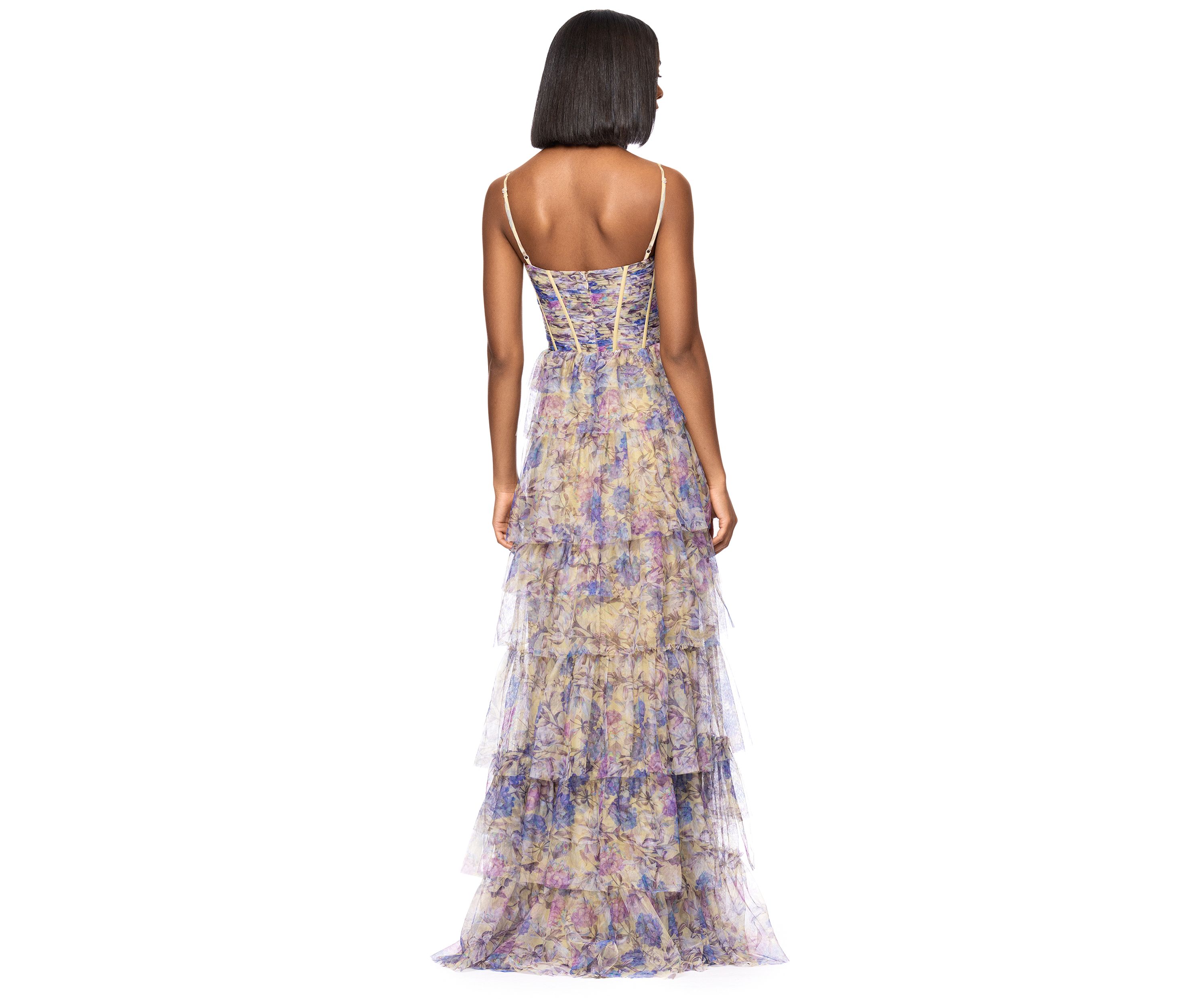 Womens Floral Printed Tiered Ruffle Gown