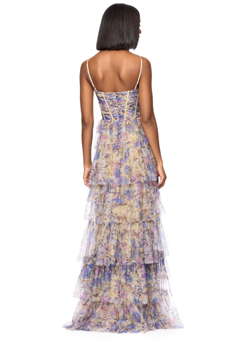 Womens Floral Printed Tiered Ruffle Gown