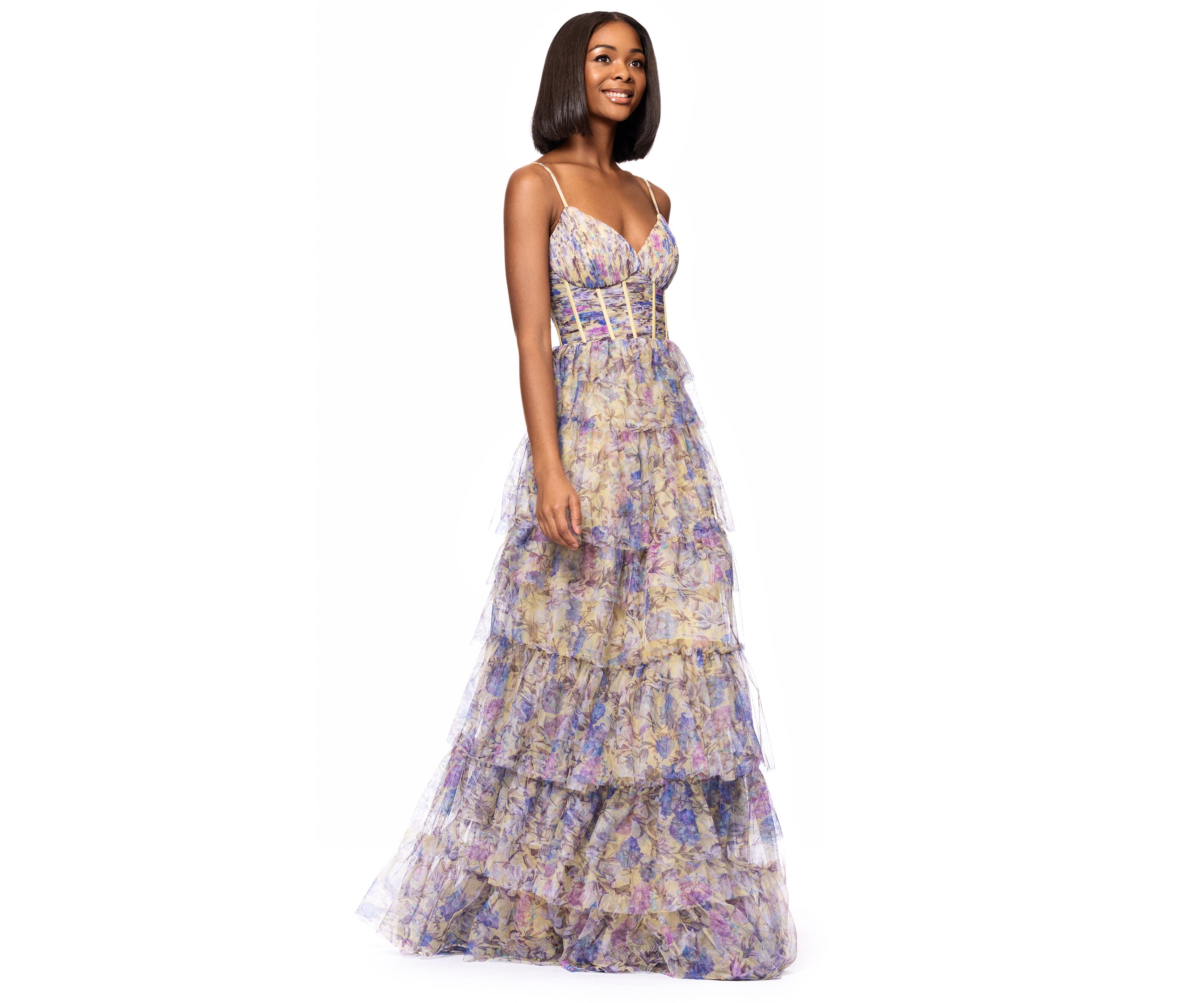 Womens Floral Printed Tiered Ruffle Gown
