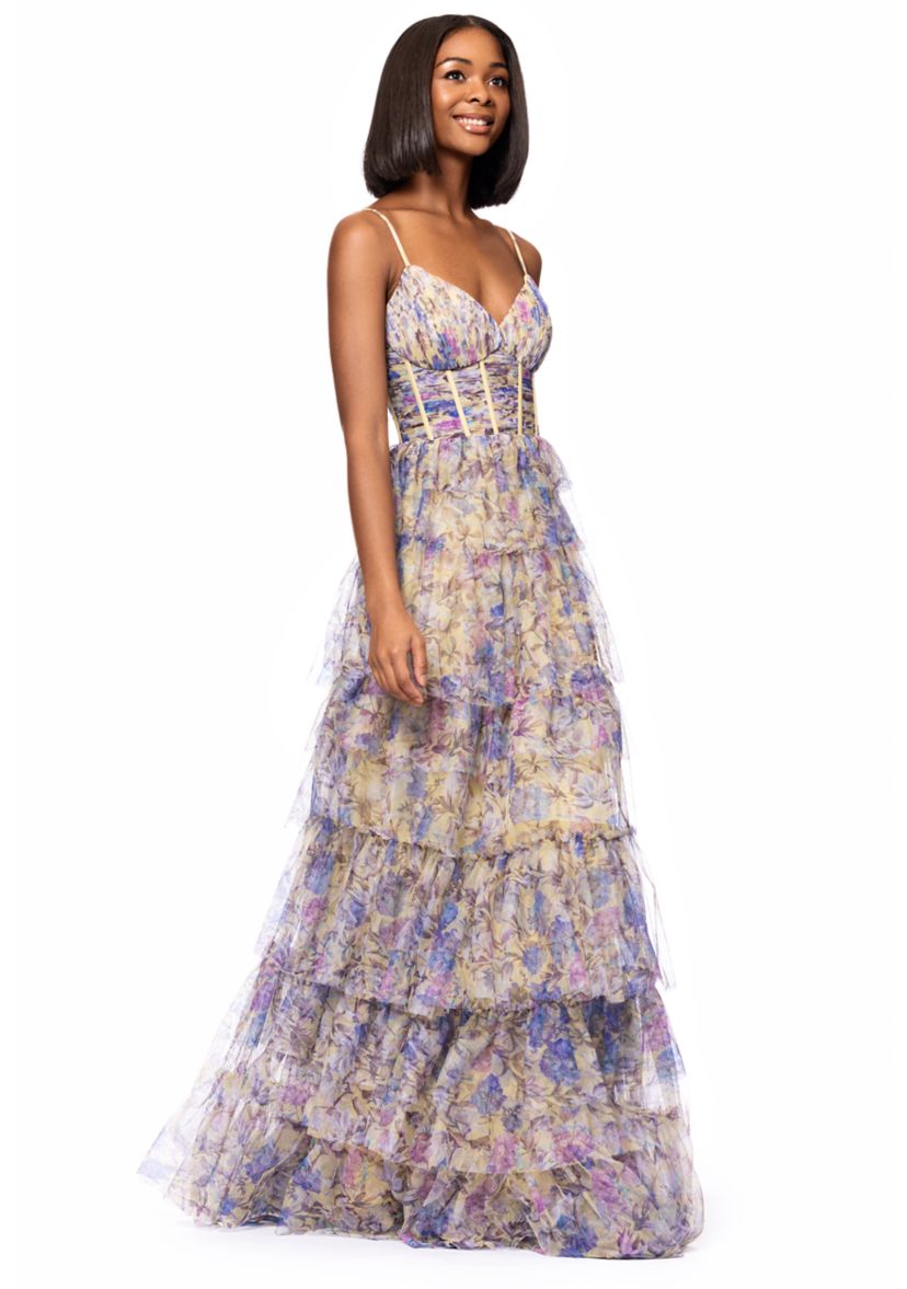Womens Floral Printed Tiered Ruffle Gown