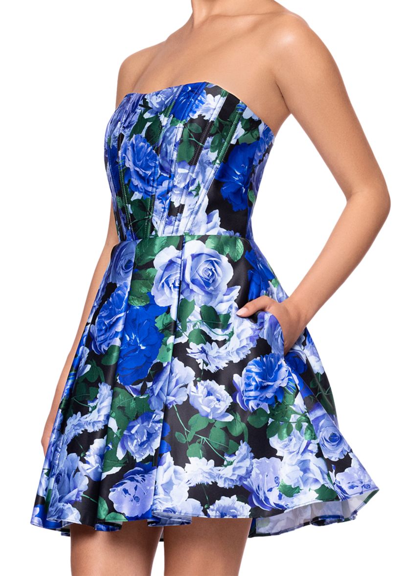 Womens Sleeveless Strapless Satin Floral Print Fit and Flare Dress