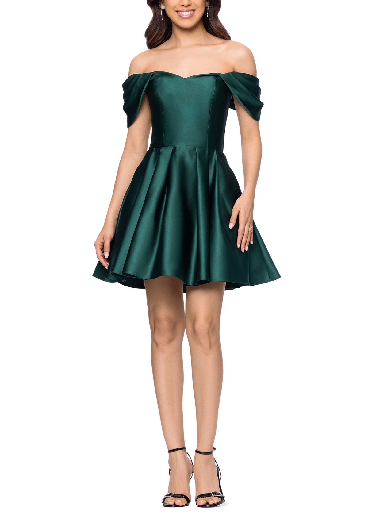 Short Satin Off the Shoulder Drape Sleeve Dress