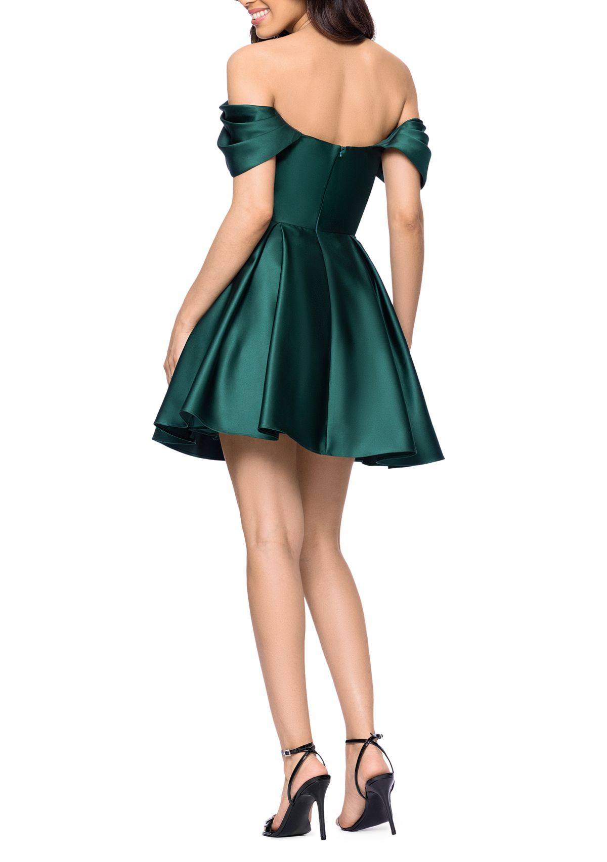 Short Satin Off the Shoulder Drape Sleeve Dress