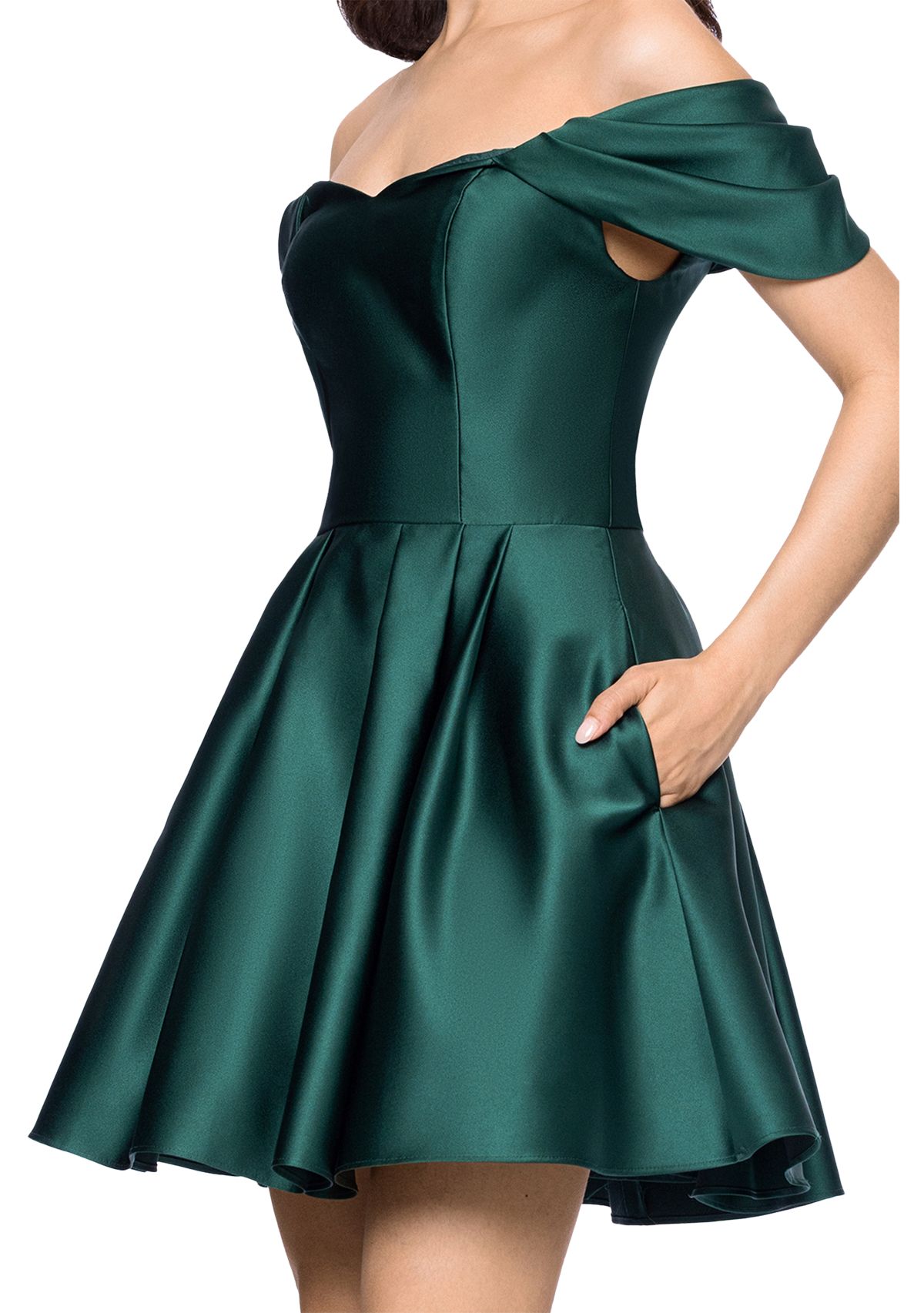 Short Satin Off the Shoulder Drape Sleeve Dress