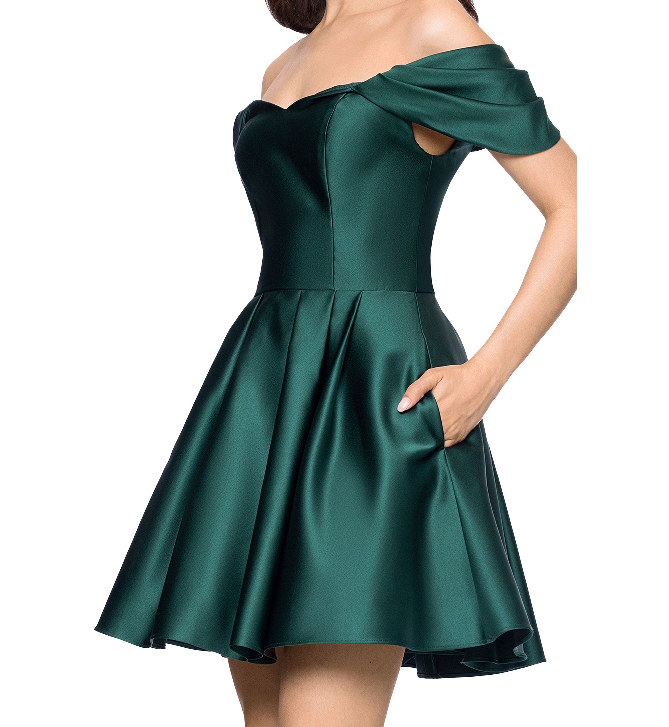 Short Satin Off the Shoulder Drape Sleeve Dress