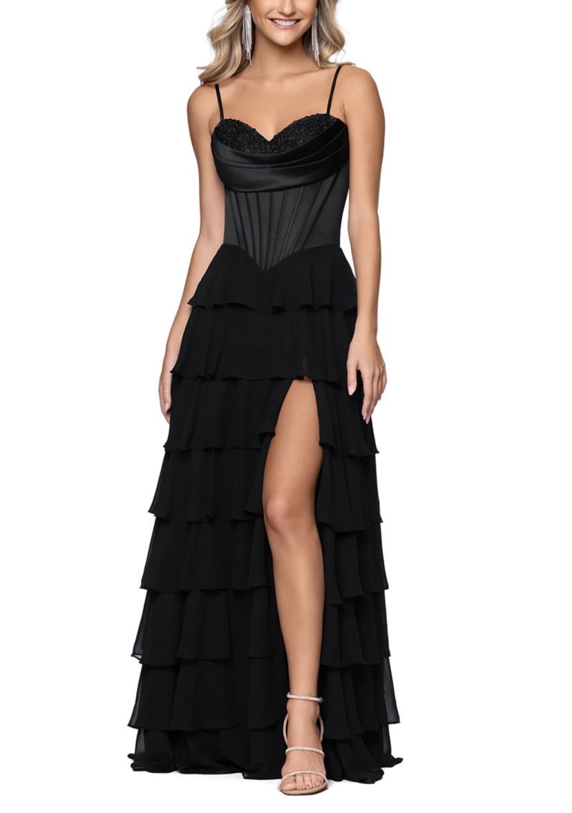 Blondie Nites Women's Tiered Cowl Neck Corset Gown | Belk