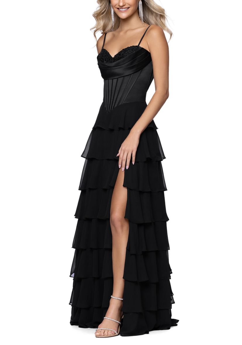 black mesh dress midi Luxurious Black Prom Dress with Strapless Corset and High Slit – American  Stride main image 1