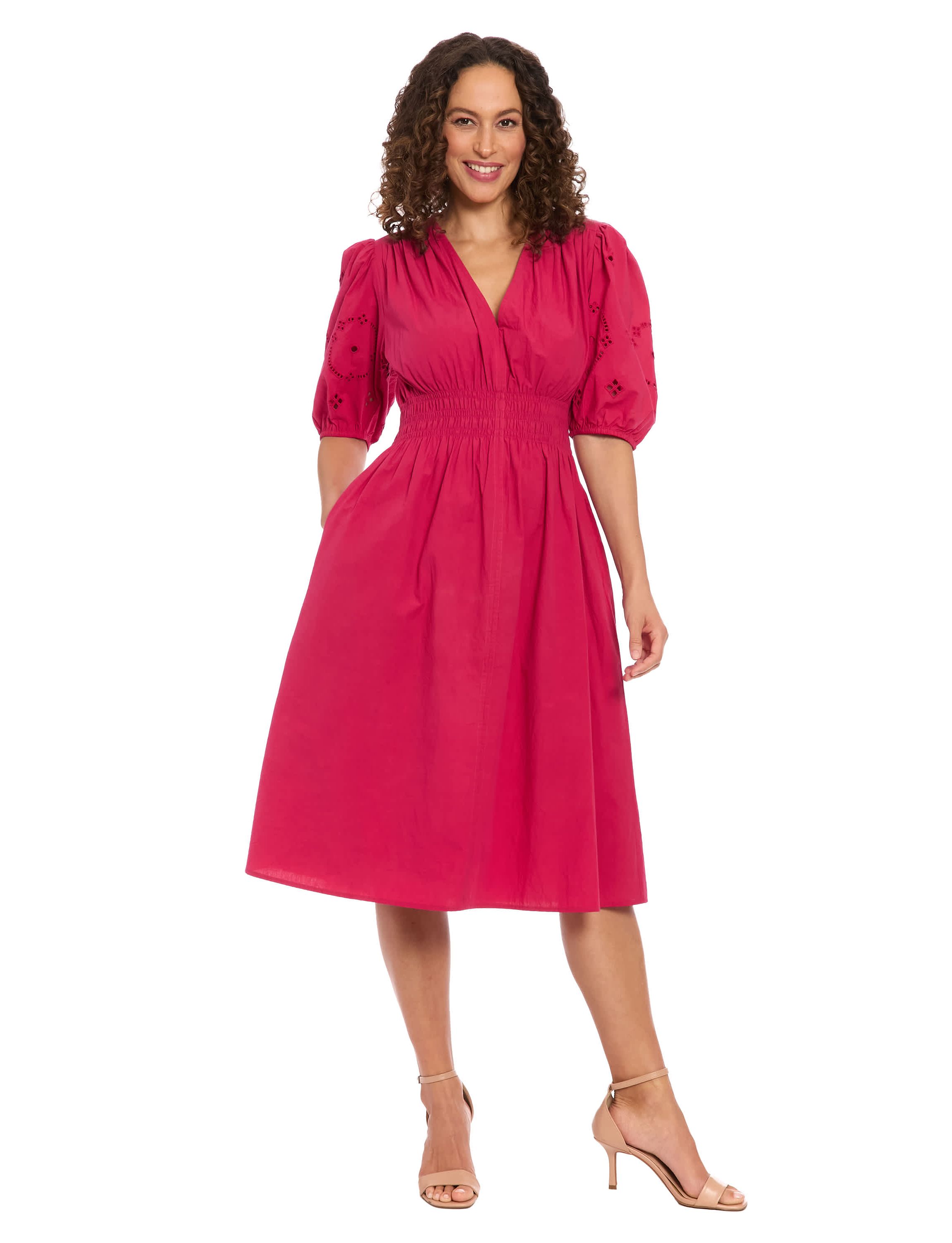 V-NECK EMBROIDERED SLEEVE MIDI