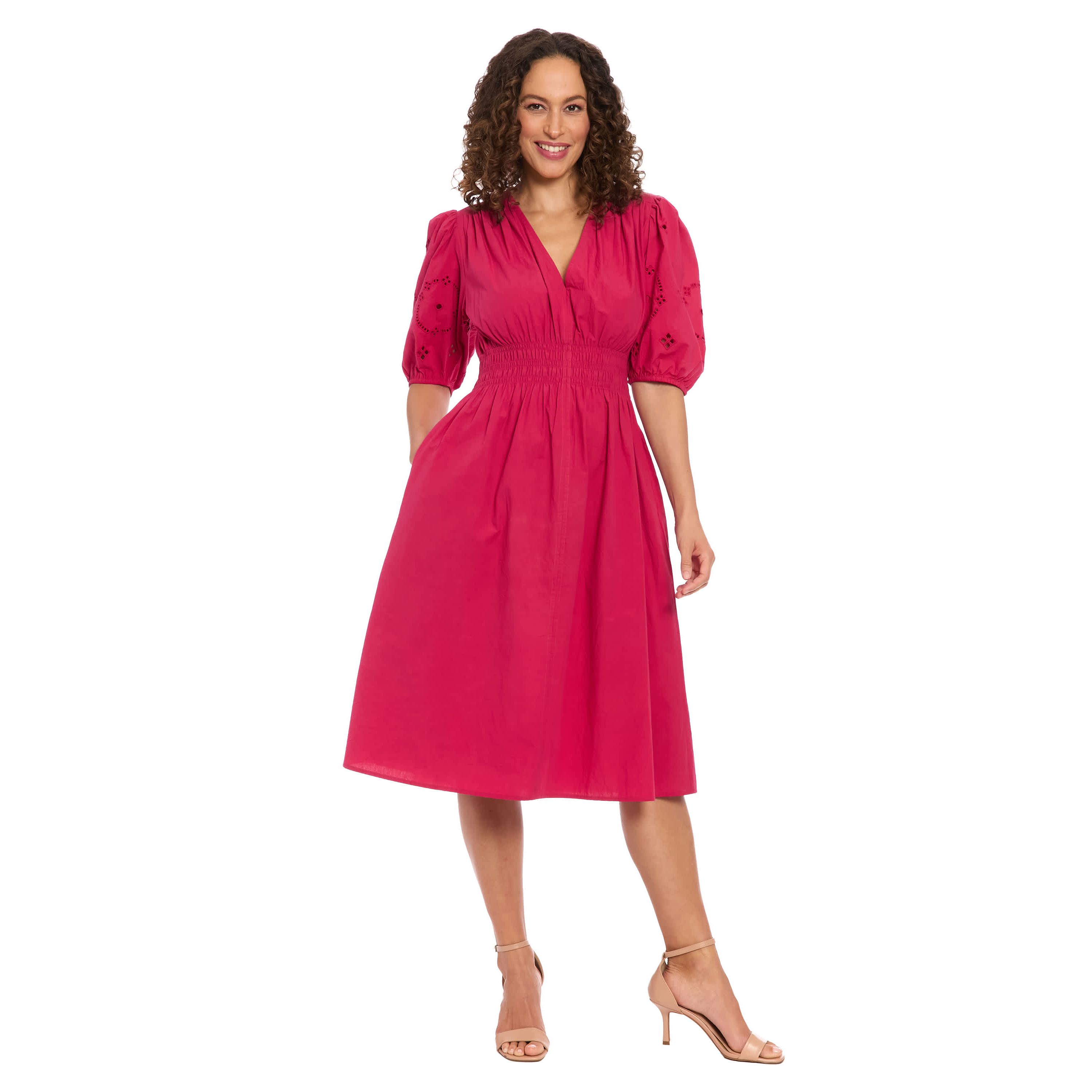 V-NECK EMBROIDERED SLEEVE MIDI
