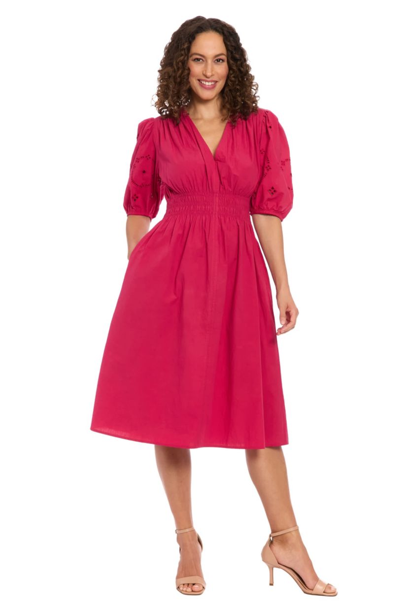 V-NECK EMBROIDERED SLEEVE MIDI