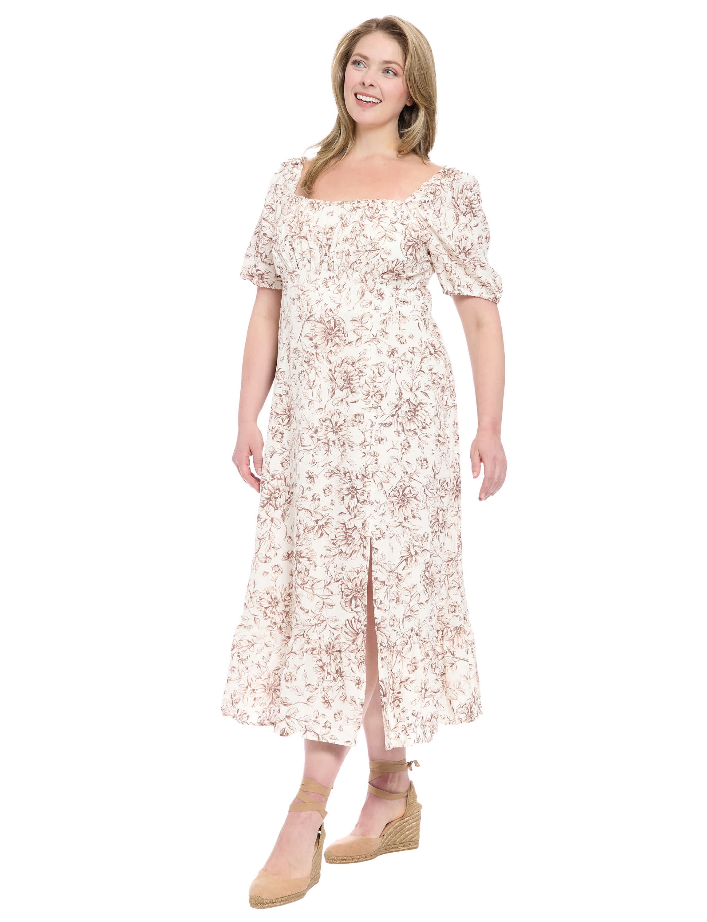 Puff Sleeve Square Neck Midi Dress
